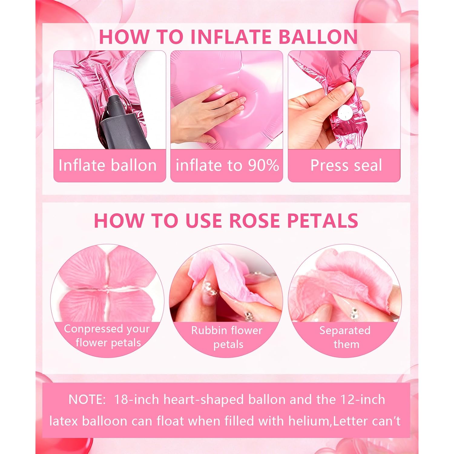 Pink Romantic Decor Kit - Heart Balloons, Rose Petals & Candle Set For Proposals, Anniversary, Valentines Day (30 Balloons + 1000 Petals + 24 Candles)