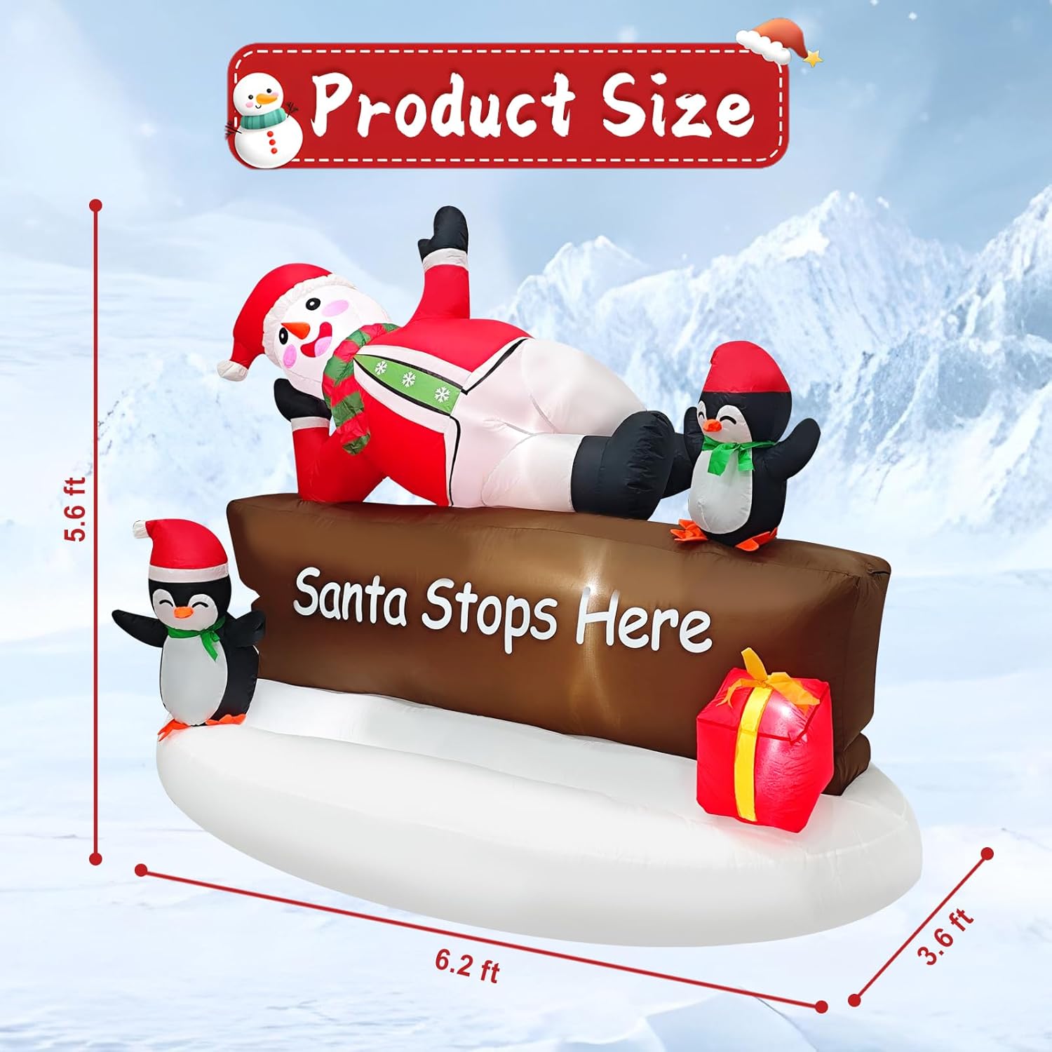 Christmas Inflatable Decotation “Santa Stops Here” Sign With Snowman & Penguins Cute 5.6Ft Holiday Yard Decoration With