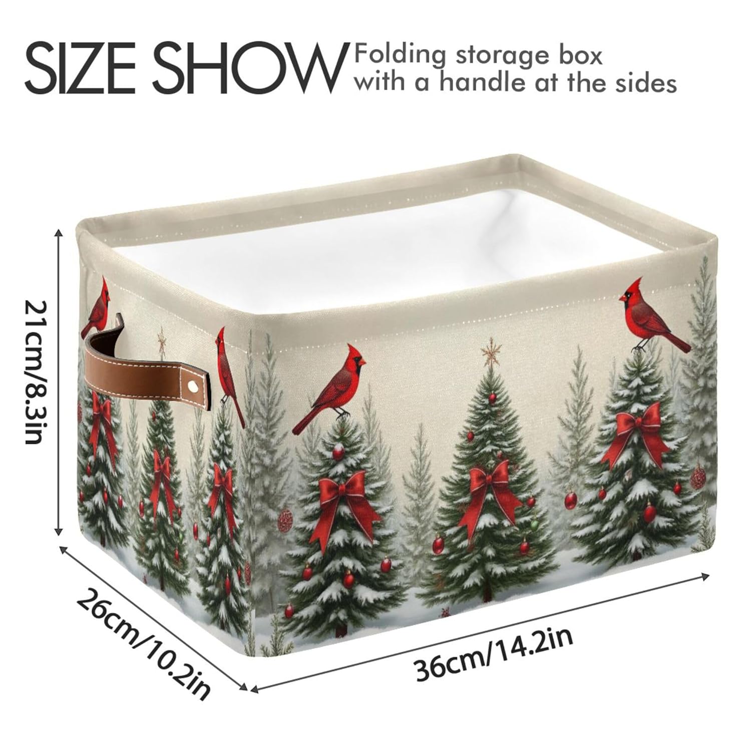 Christmas Tree Cardinals Birds Storage Basket With Waterproof Liner And Pu Handles Winter Xmas Tree Bow Storage Bins Boxes 14.2" Collapsible Decorative Organizer Baskets For Bedroom Office 1 Pack