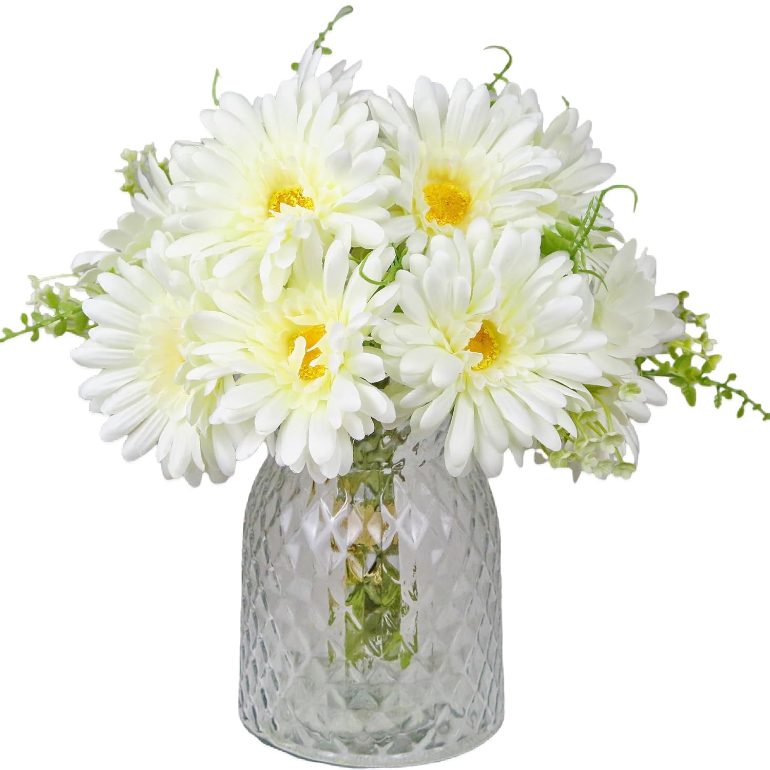 Fake Flowers Artificial Daisies & Gerbera Bouquet Silk White 10 Stems Match With Wild Flowerets