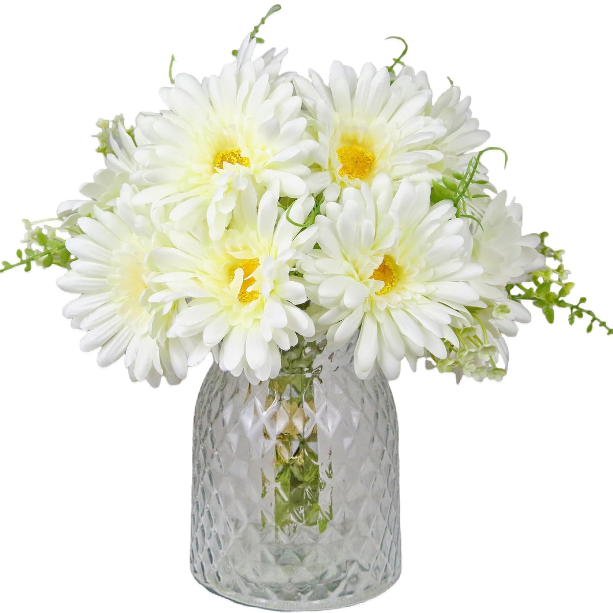 Fake Flowers Artificial Daisies & Gerbera Bouquet Silk White 10 Stems Match With Wild Flowerets