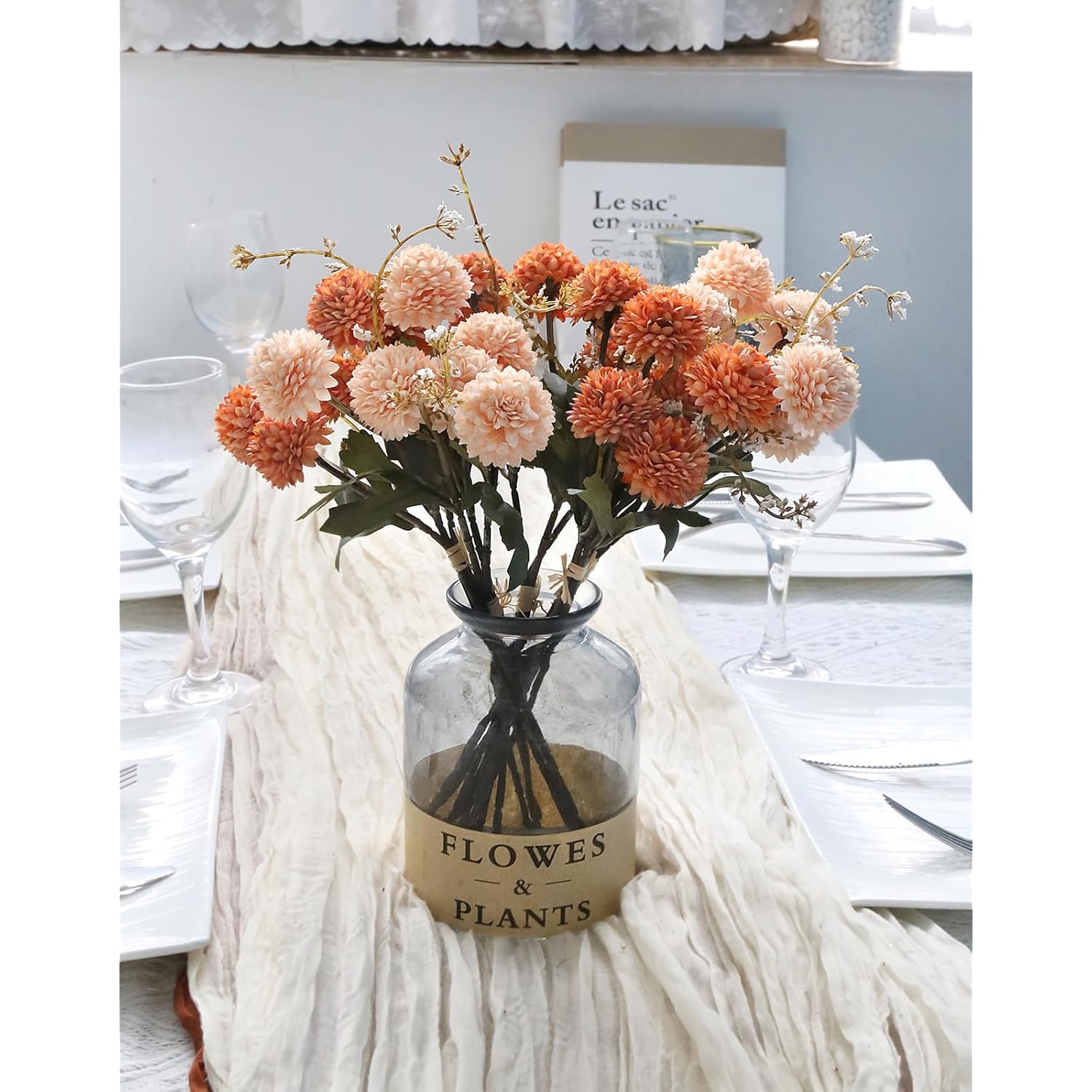 5 Bundles Pompon Mum Artificial Flowers, Fake Mini Chrysanthemums Boquuets 12” Faux Silk Pompon Mum Flowers For Centerpiece Bouquet Floral Arrangement Home Decor (Orange And Peach)