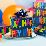 Birthday Wrapping Paper - Mini Roll - 17 Inchx 32.8 Feet - Colorful Happy Lettering On Blue Paper Design Gift Paper Perfect For Boys Girls Birthday,Baby Shower, Party
