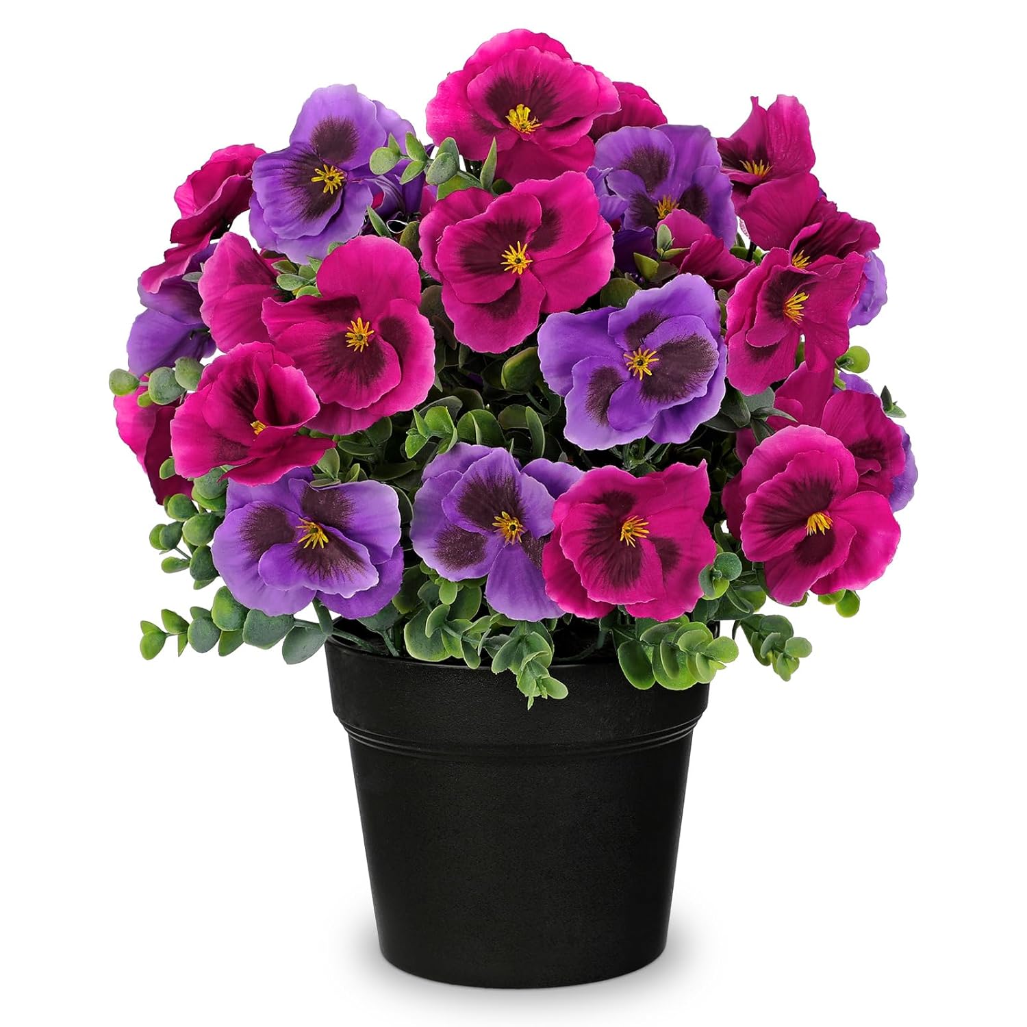 Artificial Potted Pansy Flowers, 13.7’’ Purple & Fuchsia Faux Pansy Arrangement In Black Pot, Lifelike Fake Flowers For Indoor Outdoor Spring Decor, Table Centerpiece, Porch Patio Home Décor