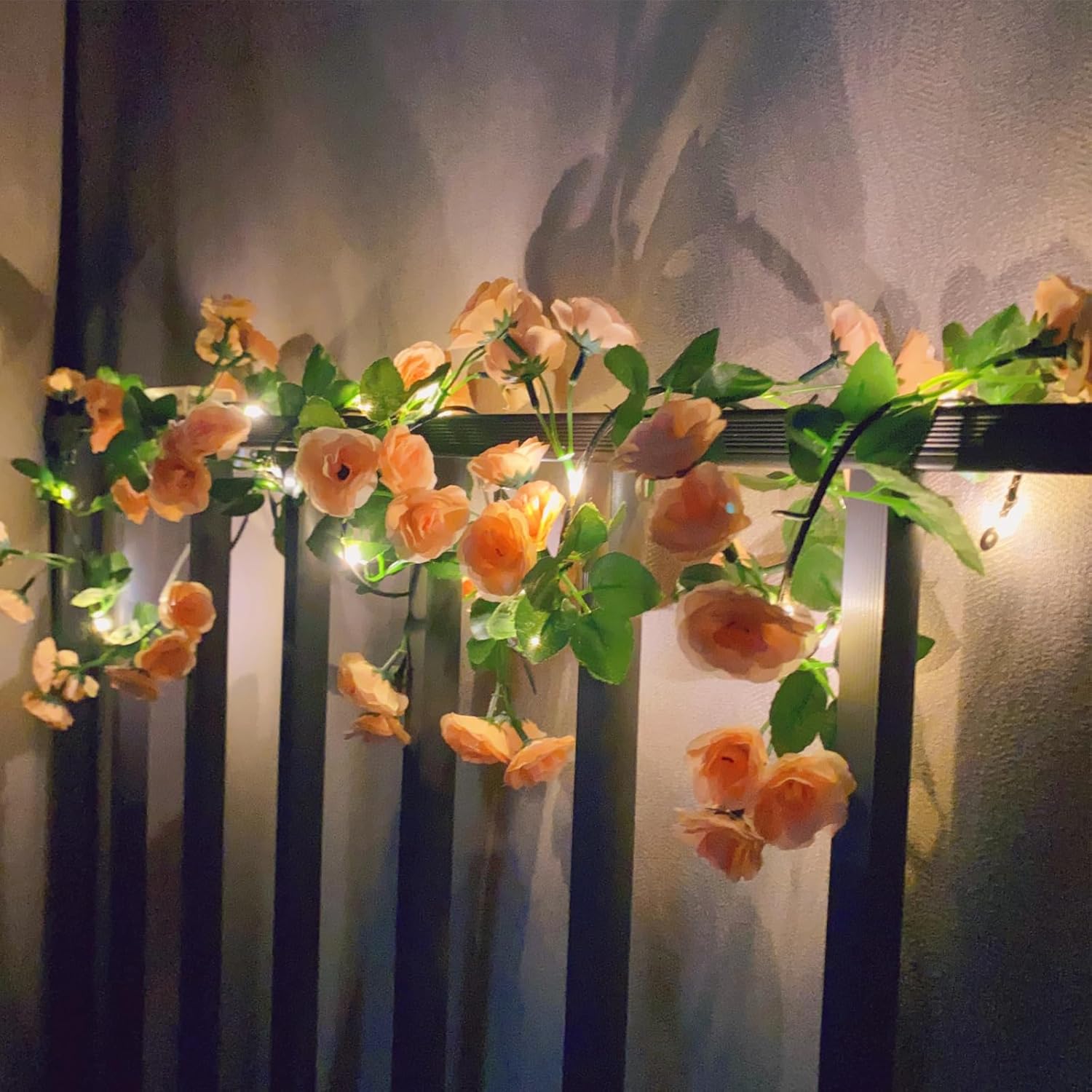 Artificial Flower Garland With 20 Led String Lights, 6Ft Hanging Rose Flower Vine Garland Decorations For Garden Wedding Flower Table Decor Birthday Party Indoor Bedroom Wall Room