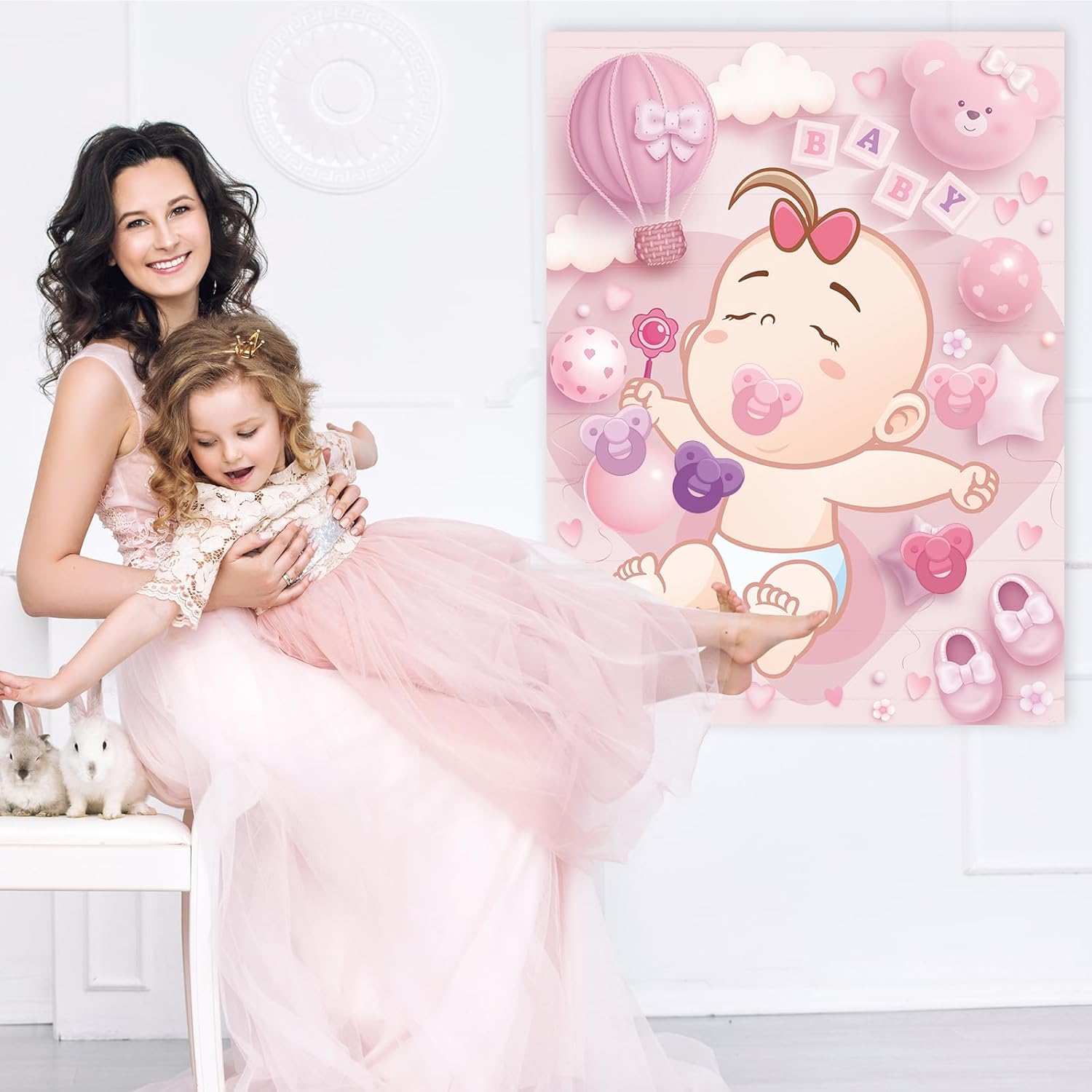 Pin The Pacifier On The Baby Shower Games Ballon Baby Shower Decoration With Large Poster 48 Stickers Blindfold Pin Game For Birthday Party Decorations Activities Supplies(Pink)