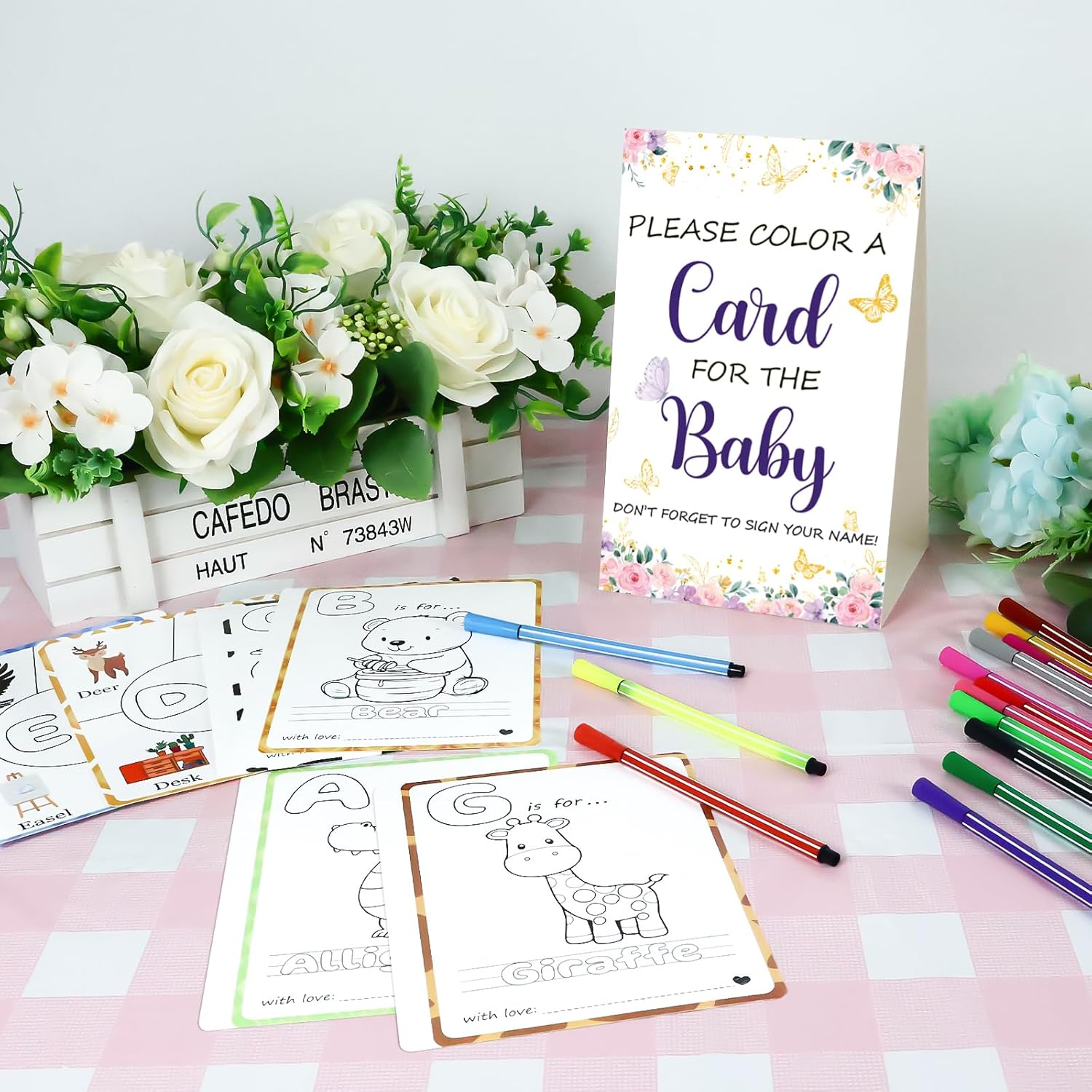 Baby’S First Abc Book Baby Shower Activity & Keepsake Game, A To Z Animal Coloring Cards With 24 Watercolor Pens, Fun & Interactive Baby Shower Game For Guests, Guest Book Alternative (Butterfly)