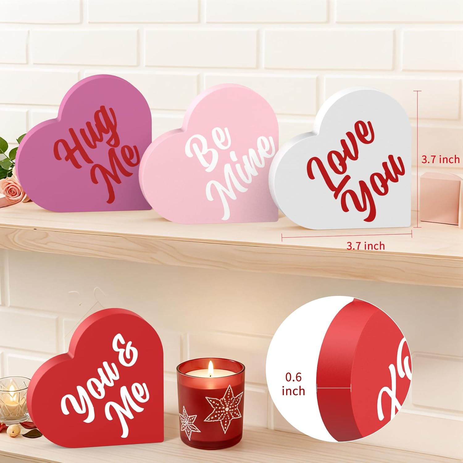 Valentines Day Decorations, 4 Pcs Double Printed Wooden Conversation Hearts Decoration, Romantic Valentines Day Decor For Indoor Home Office Table Tiered Tray Mantel Shelf Bedroom