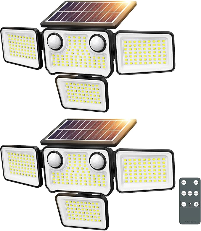 2 Pack 254 LED Solar Flood Lights Waterproof 4 Head Motion Sensor Security Lights