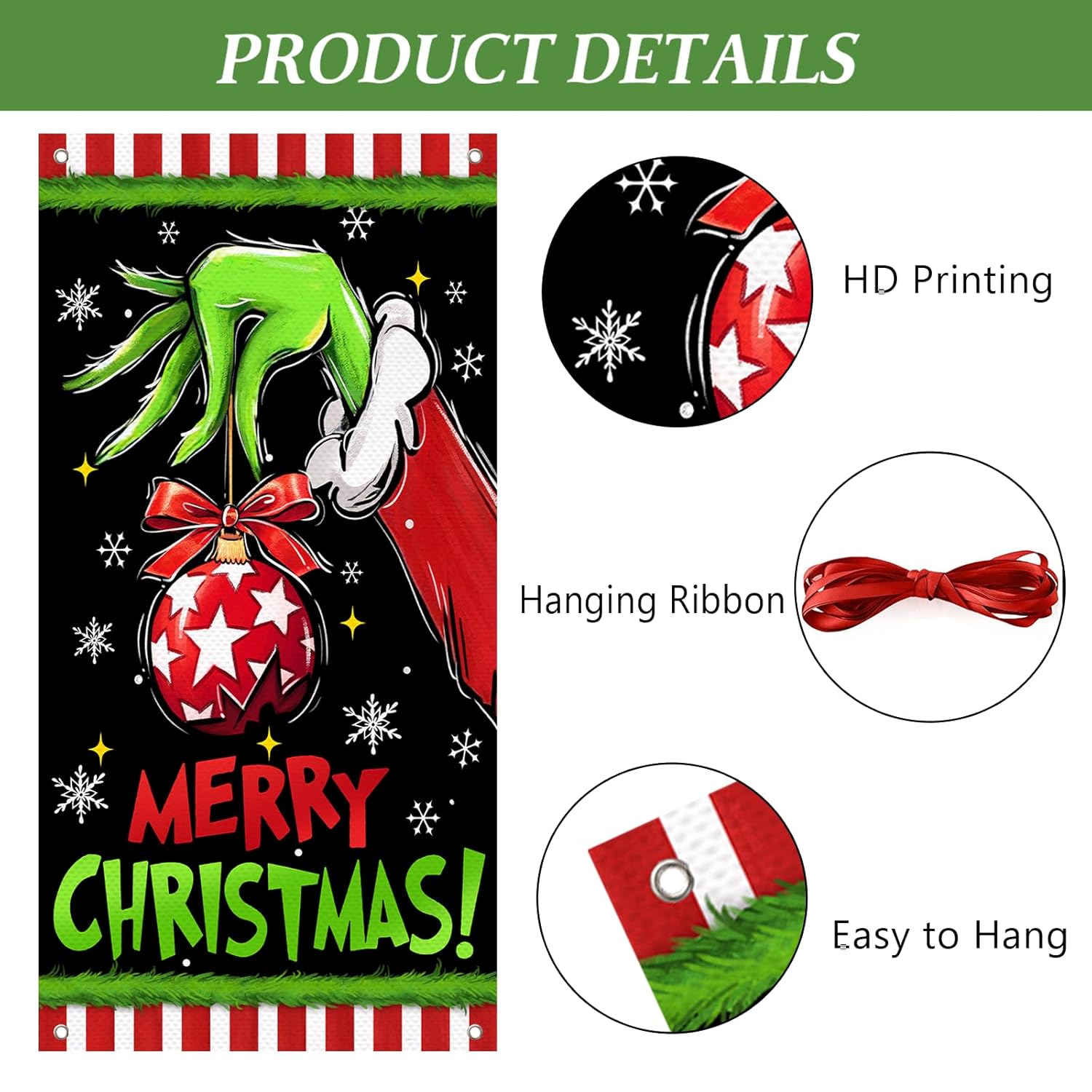 Merry Christmas Green Black Decorative Front Door Cover, Xmas Ball Snowflake Banner Background Decoration, Funny Winter Holiday Indoor Outdoor Home Decor 3 X 6 Ft