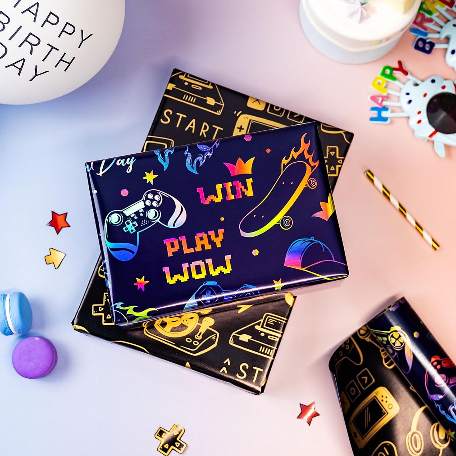 Gaming Wrapping Paper, Blue Birthday Wrapping Paper For Boys, Holographic Video Game Controller Theme Gift Wrap For Boys Men Birthday, Christmas, Father'S Day (Mini Roll, 17 In X 33 Ft)