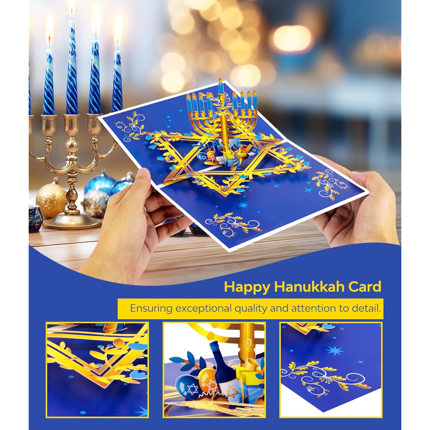 3D Pop Up Hanukkah Greeting Card – Festival Of Lights With Candles, Dreidels And Traditional Hanukkah Symbols – Jewish Holiday Card For Family, Friends & Loved Ones, Includes Envelope And Blank Note