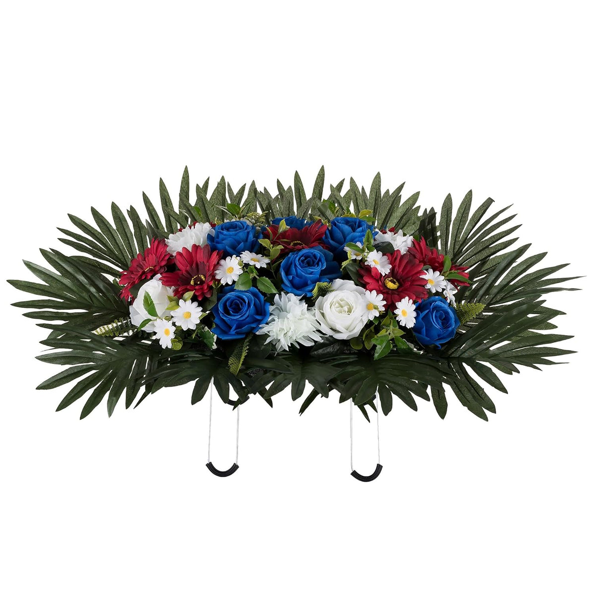 Headstone Flower Saddle Arrangements - Artificial Cemetery Flowers Silk Funeral Memorial Day Sympathy Floral For Outdoor Gravestone Decorations (Red White Royal Blue)