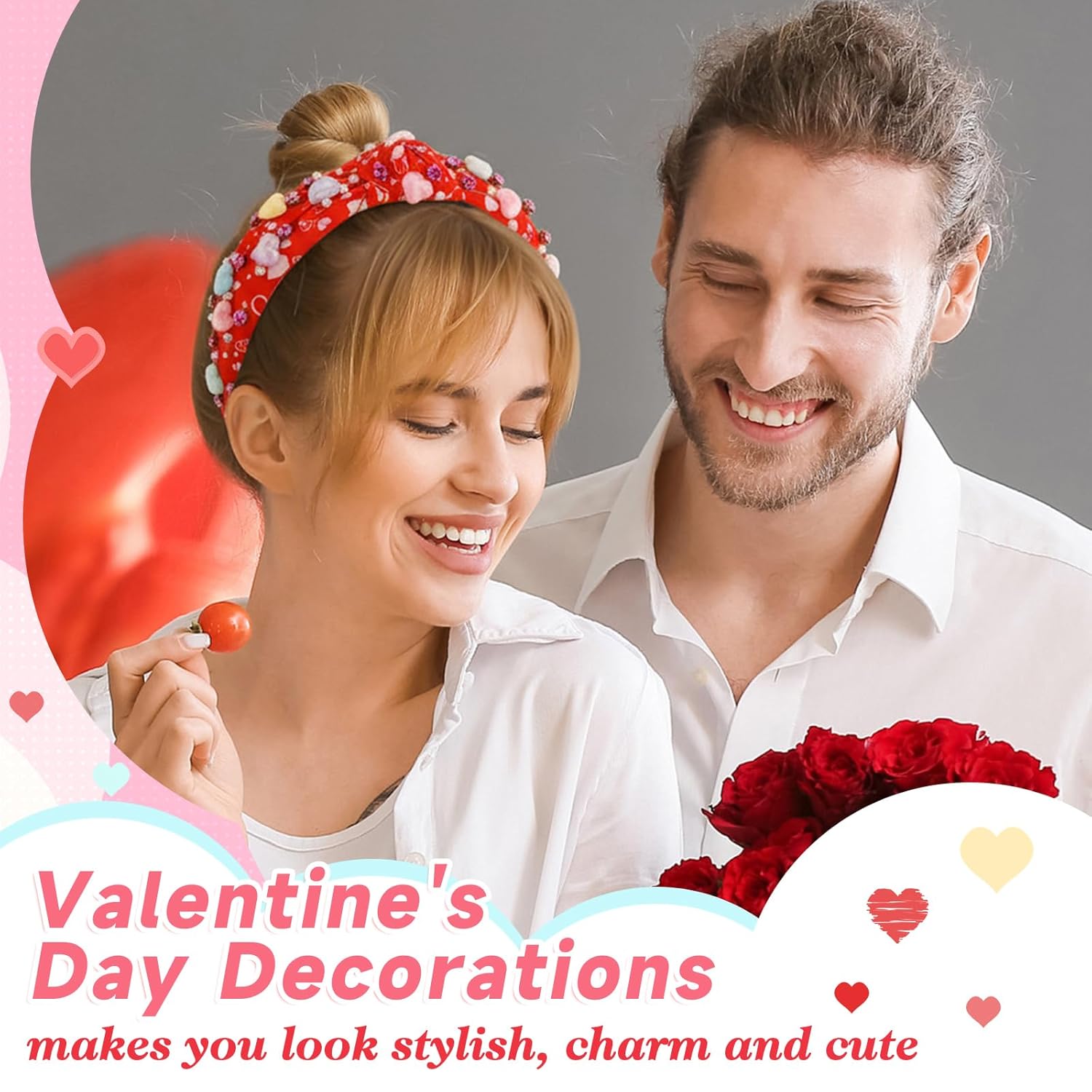6 Pieces Valentine Headband For Women Heart Knotted Headband Wide Top Pearl Love Hairband For Valentine Holiday Hair Accessories Gifts (Red,Pink)