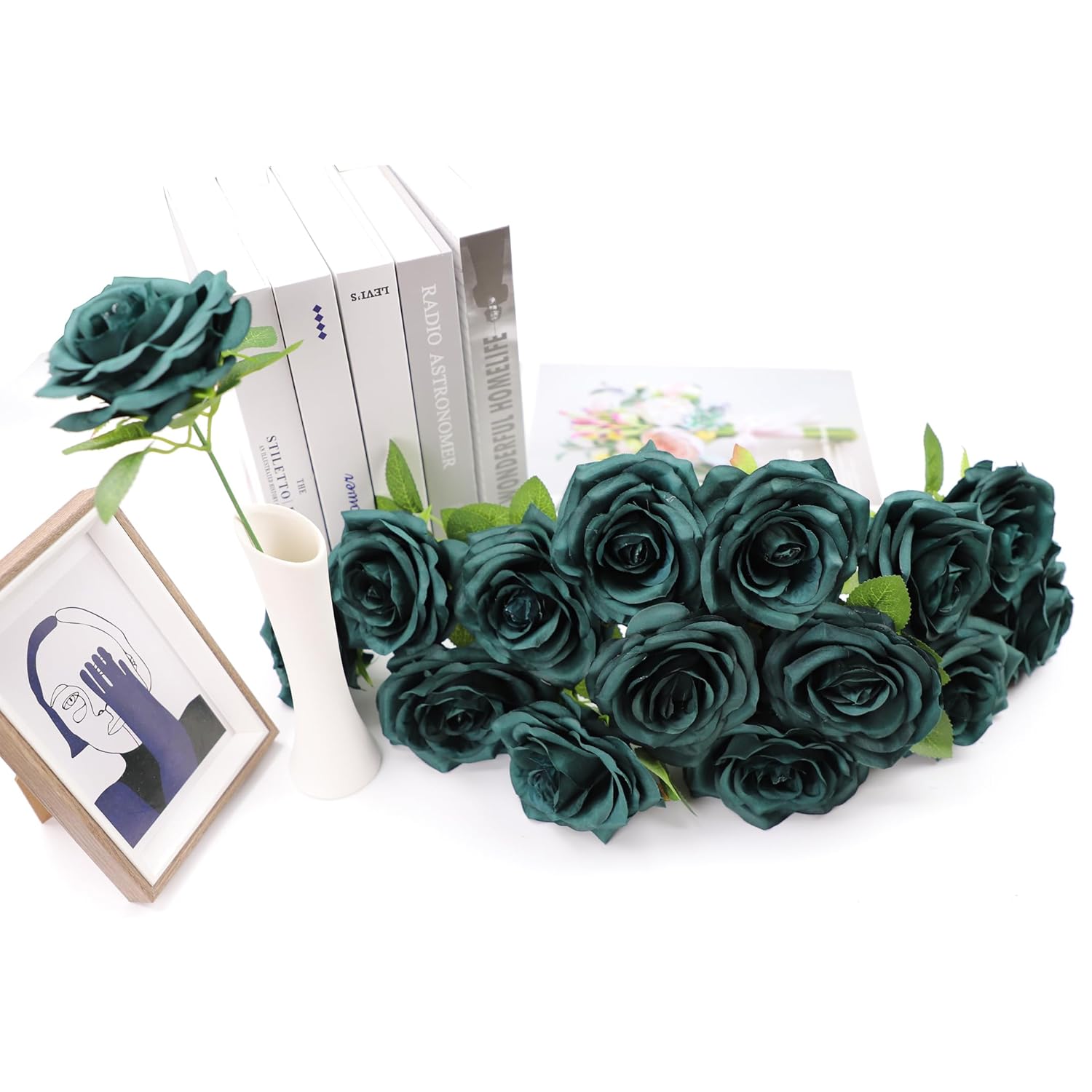 Roses Artificial Flowers Artificial Roses Fake Rose Silk Rose Fake Flowers With Stems For Diy Wedding Bouquets Party Tables Centerpieces Floral Arrangements (16, Emerald Green)
