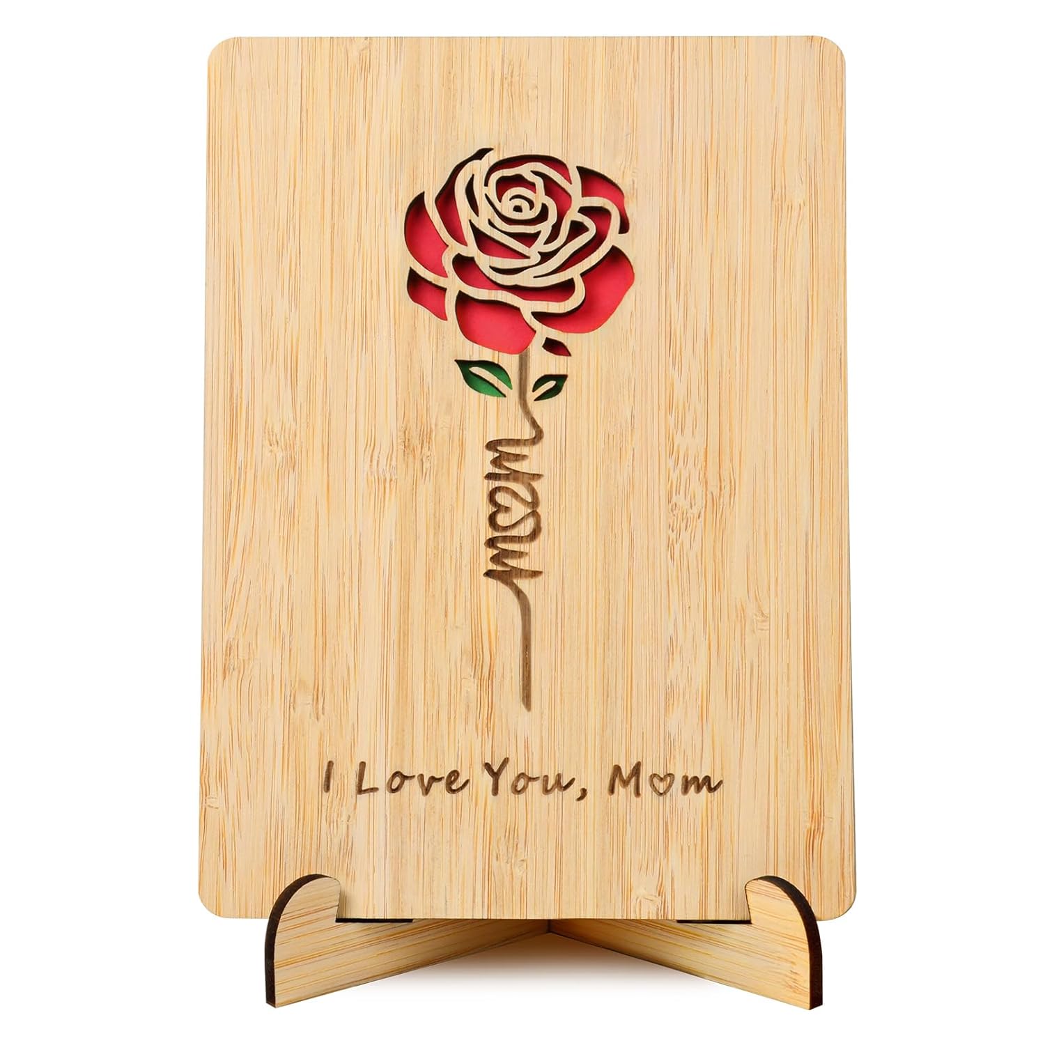 Mom Birthday Card, Mothers Day Card, Mom Gifts From Daughter Son, Handmade Wooden Greeting Card With Stand And Red Envelop