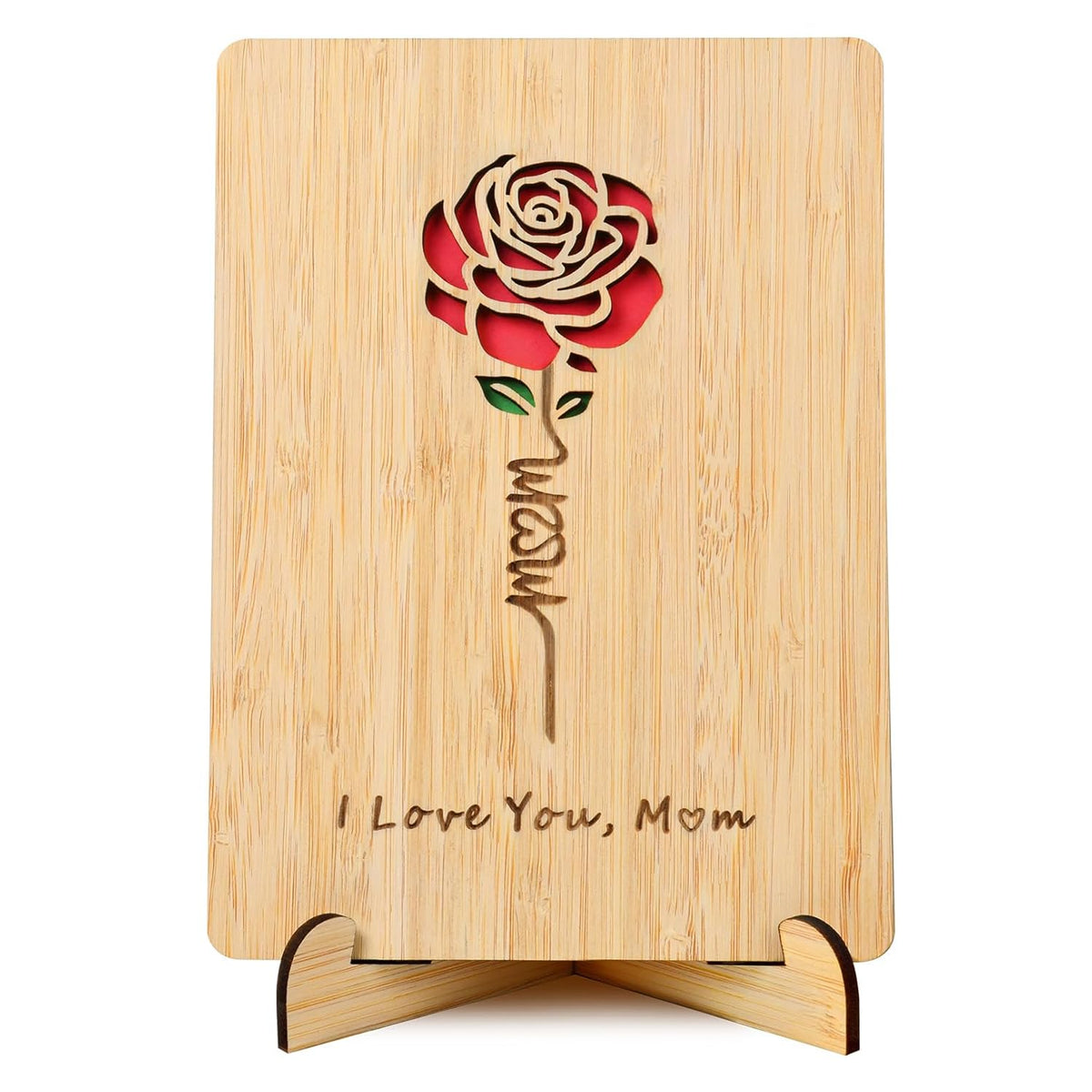 Mom Birthday Card, Mothers Day Card, Mom Gifts From Daughter Son, Handmade Wooden Greeting Card With Stand And Red Envelop
