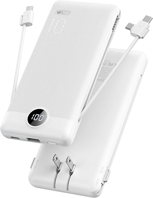 10000mAh USB C Power Bank with Built In Cables AC Wall Plug Portable Phone Charger White