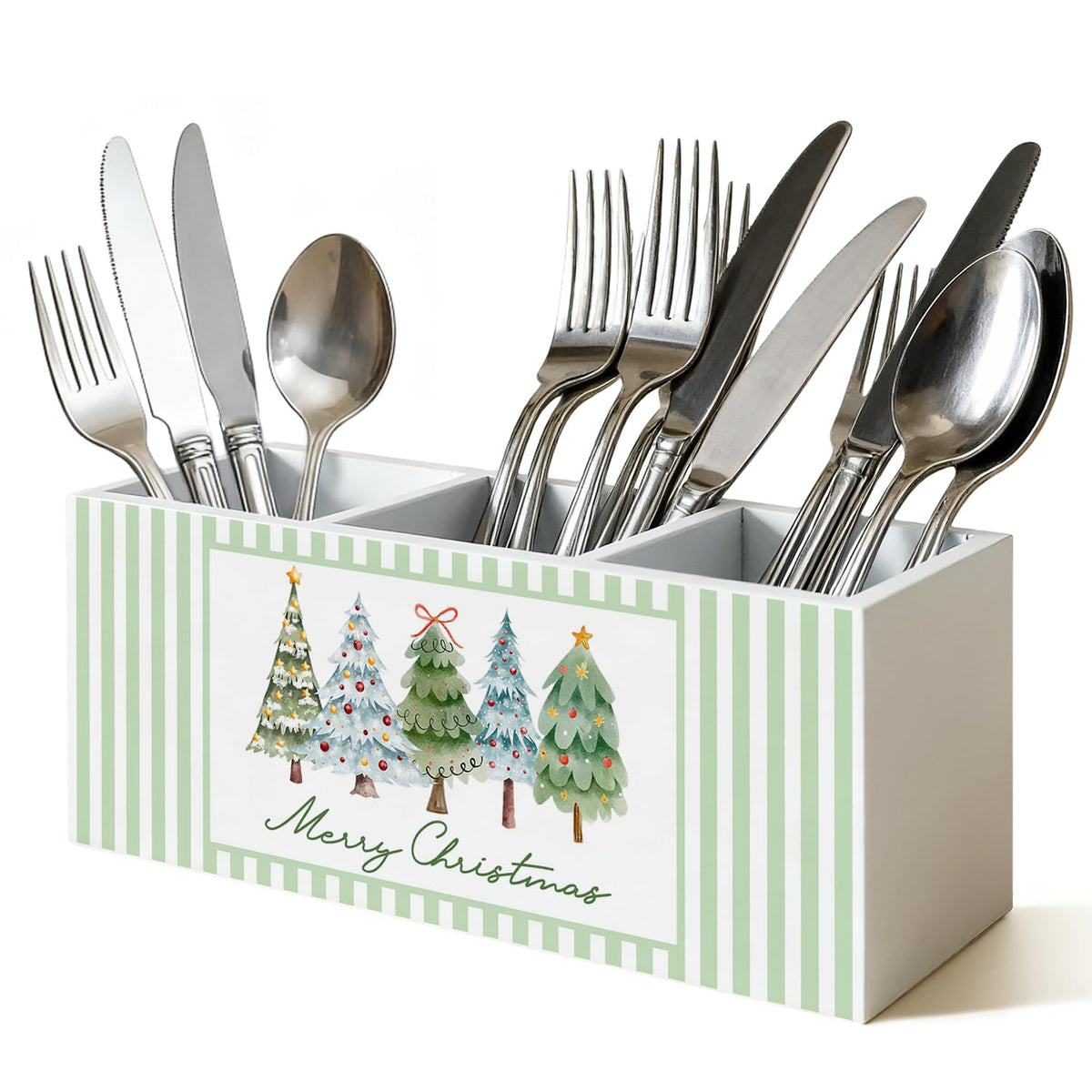 Green Christmas Tree Kitchen Utensil Holder, Winter Xmas Pine Tree Holiday Cooking Utensil Holder Wooden Storage Organizer Box For Kitchen Counter, Green Christmas Decor