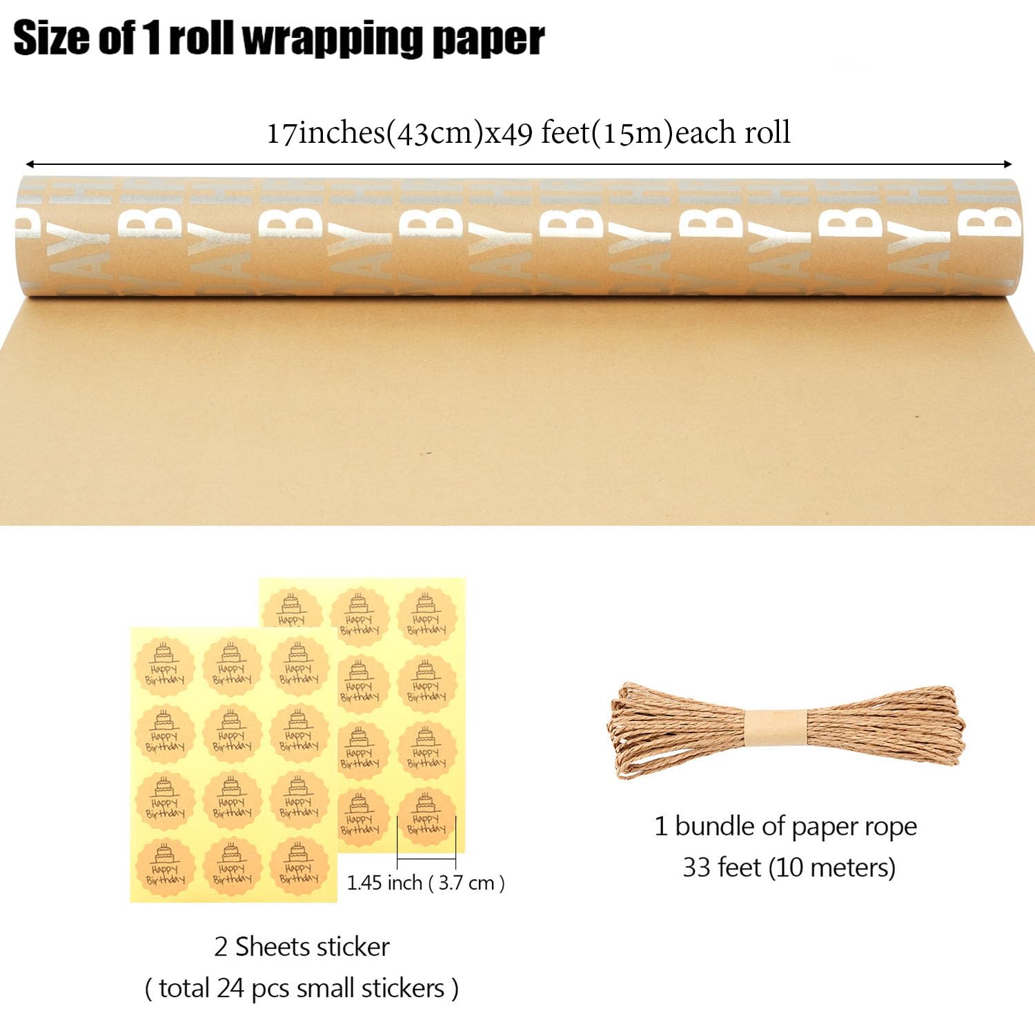 Birthday Wrapping Paper Roll, Silver And Brown Kraft Happy Birthday Wrapping Paper Jumbo Roll For Boys Girls Women Men, 17X590 Inch (70 Sq. Ft.)