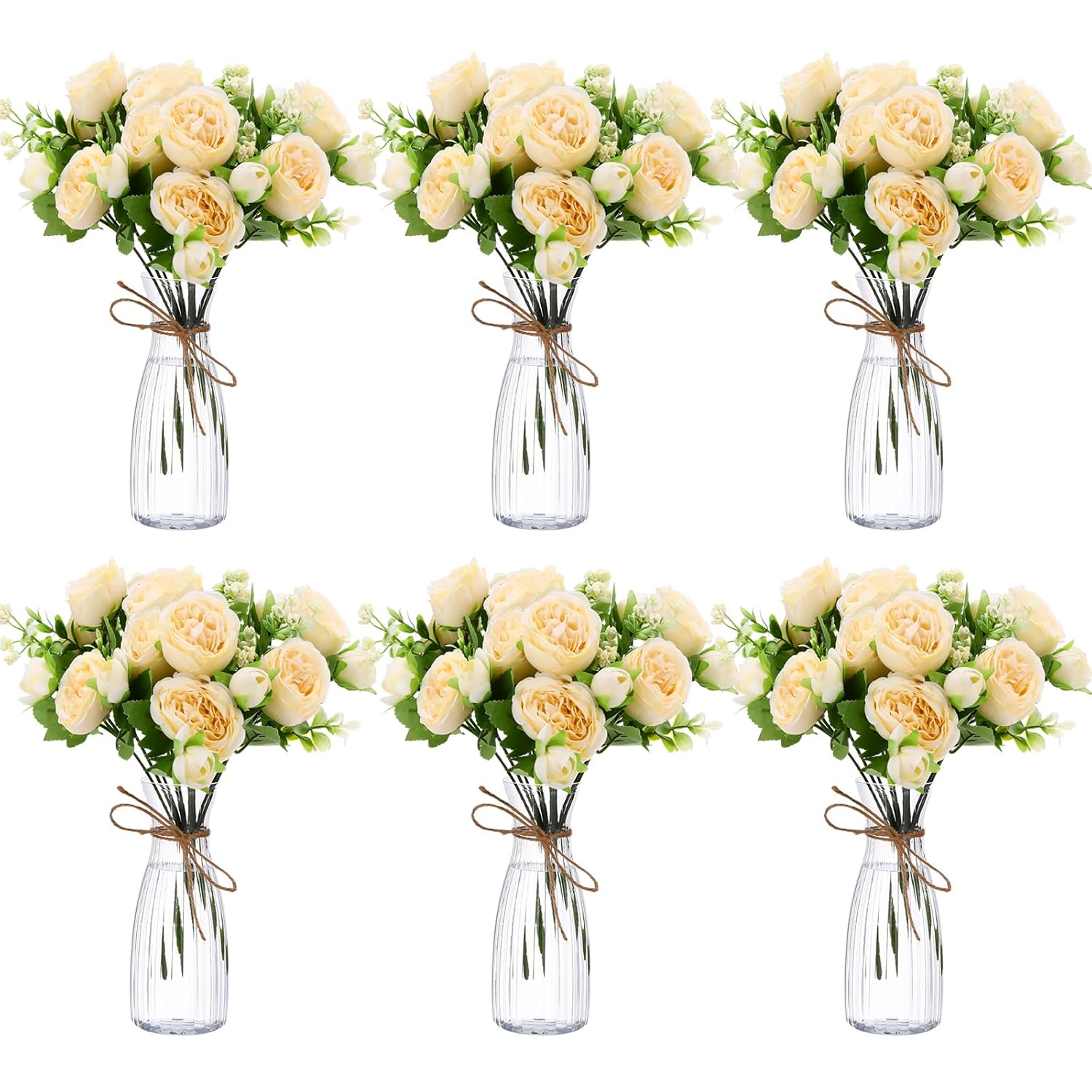 19 Pack Artificial Peony Flowers With Vase Bulk, 12 Bundles Silk Peony Bouquet 6 Plastic Clear Vase With 1 Pcs Rope, Table Centerpiece Arrangement Decoration Wedding Party(Champagne)