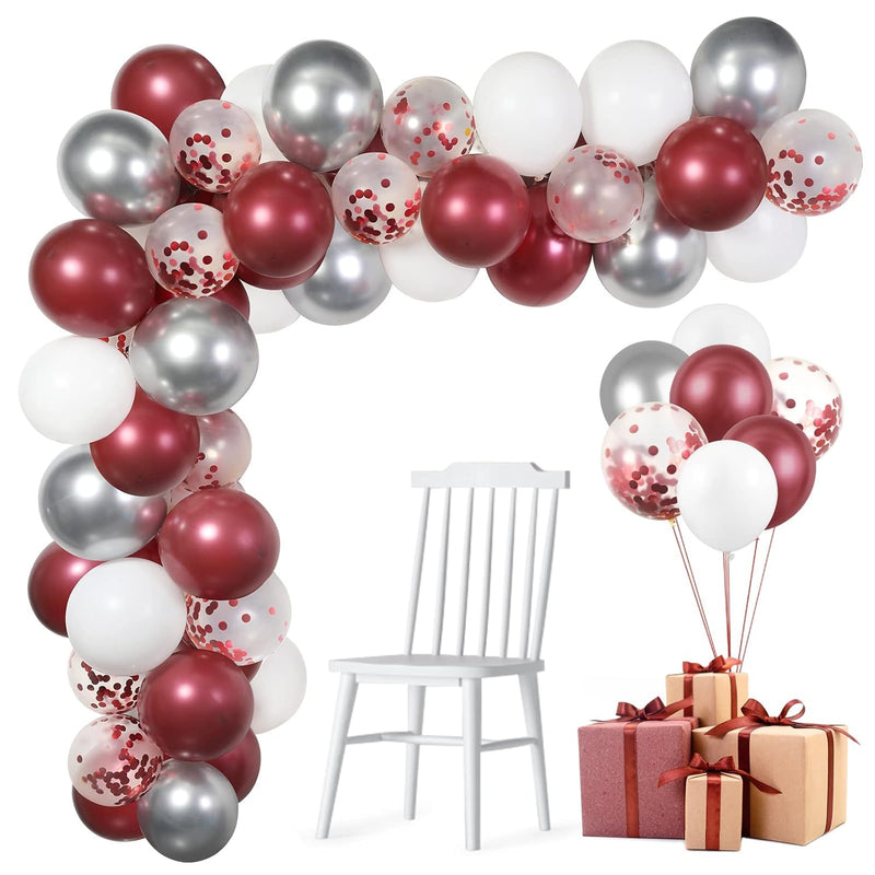 60 Pack Burgundy Red White Silver Maroon Balloons Garland Arch Kit, 12