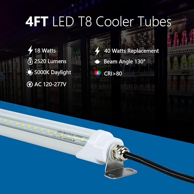4FT T8 LED Refrigerator Tube Light 18W 2520LM 5000K Daylight Cooler Freezer Light with Clear Lens