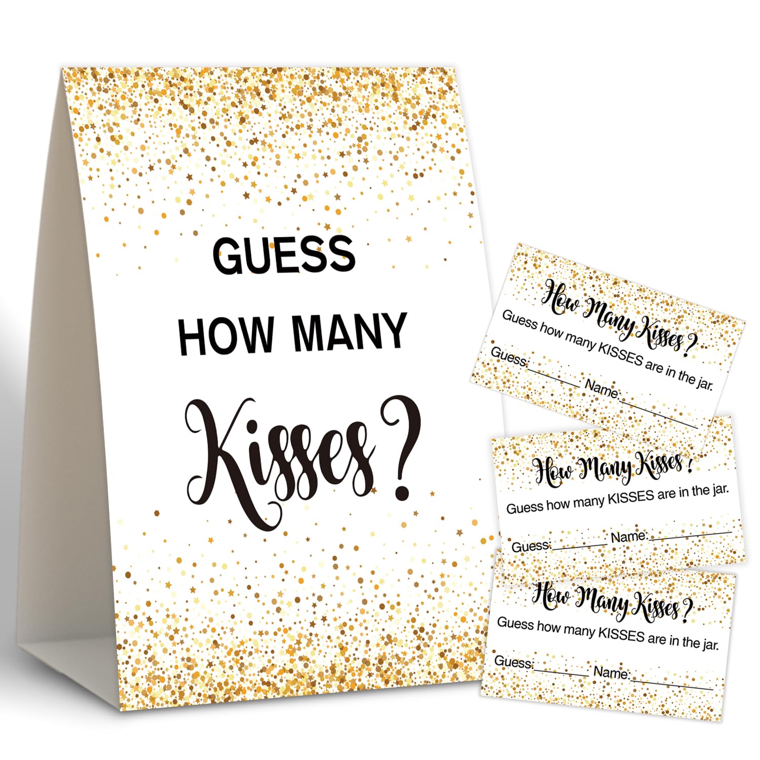 Gold Polka Dot Confetti Design How Many Kisses Bridal Shower Game,Bridal Shower Decorations,Popular Bridal Shower Games,Engagement Party Game,Set Including 1 Sign And 50 Guessing Cards-07