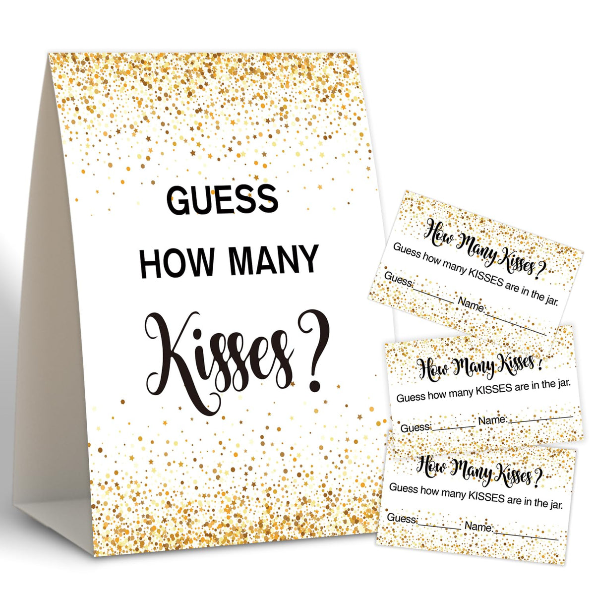 Gold Polka Dot Confetti Design How Many Kisses Bridal Shower Game,Bridal Shower Decorations,Popular Bridal Shower Games,Engagement Party Game,Set Including 1 Sign And 50 Guessing Cards-07