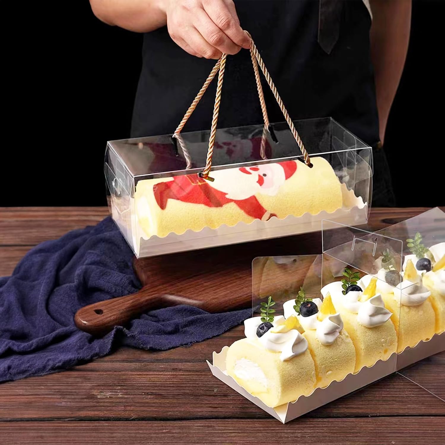 20 Pcs 10.8 Inch Clear Roll Cake Boxes With Gold Rope Handle & Cake Boards, Homemade & Bakery Transparent Plastic Gift Boxes?Easy Carrying, Storage Containers For Slice Cake, Christmas
