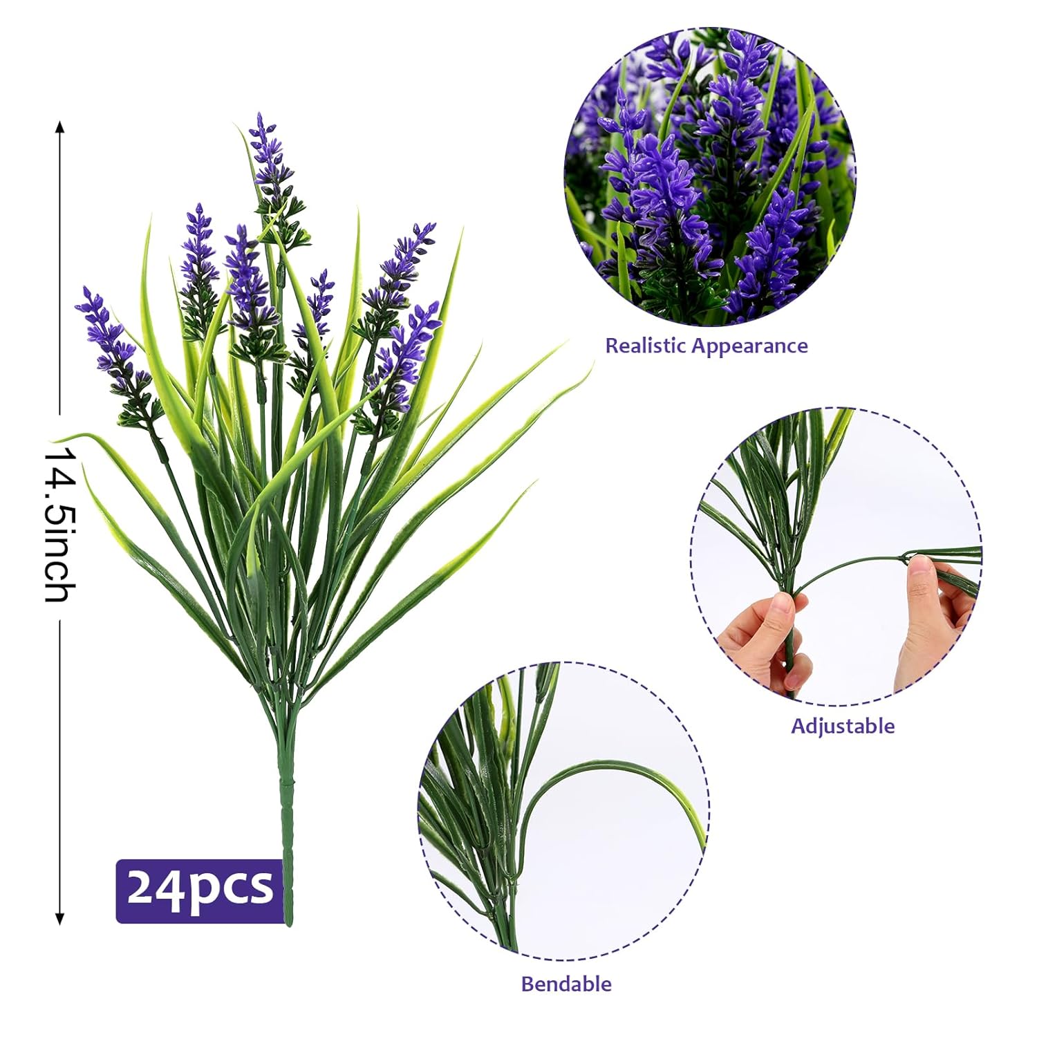 Artificial Plants Flowers Outdoor – 24 Bundles Uv Resistant Faux Lavender Flowers With Monkey Grass For Garden Porch Window Patio Hanging Planter Decor