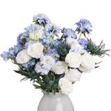 Blue And White Artificial Flowers Arrangement, Lifelike Faux Silk Roses & Scabiosa Bouquet Centerpiece For Home, Coastal Farmhouse Decor & Wedding