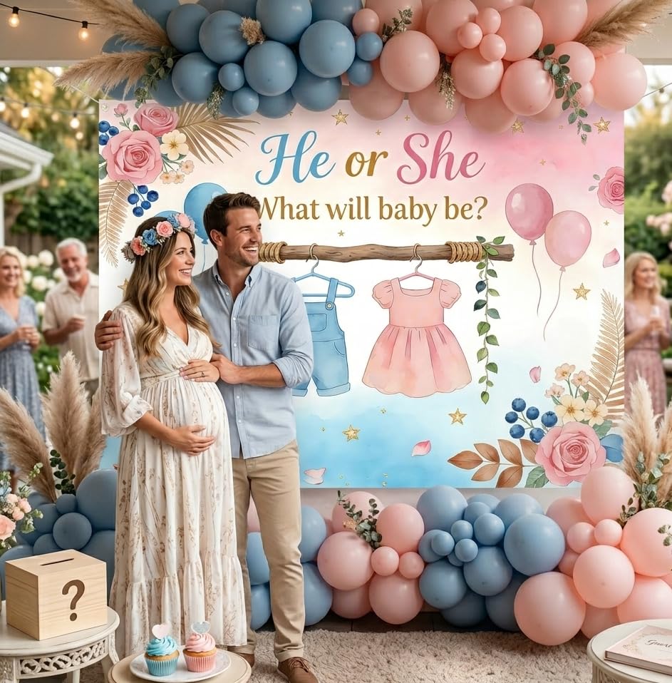 Boho Gender Reveal Backdrop 7x5ft,He or She Gender Reveal Photo Background