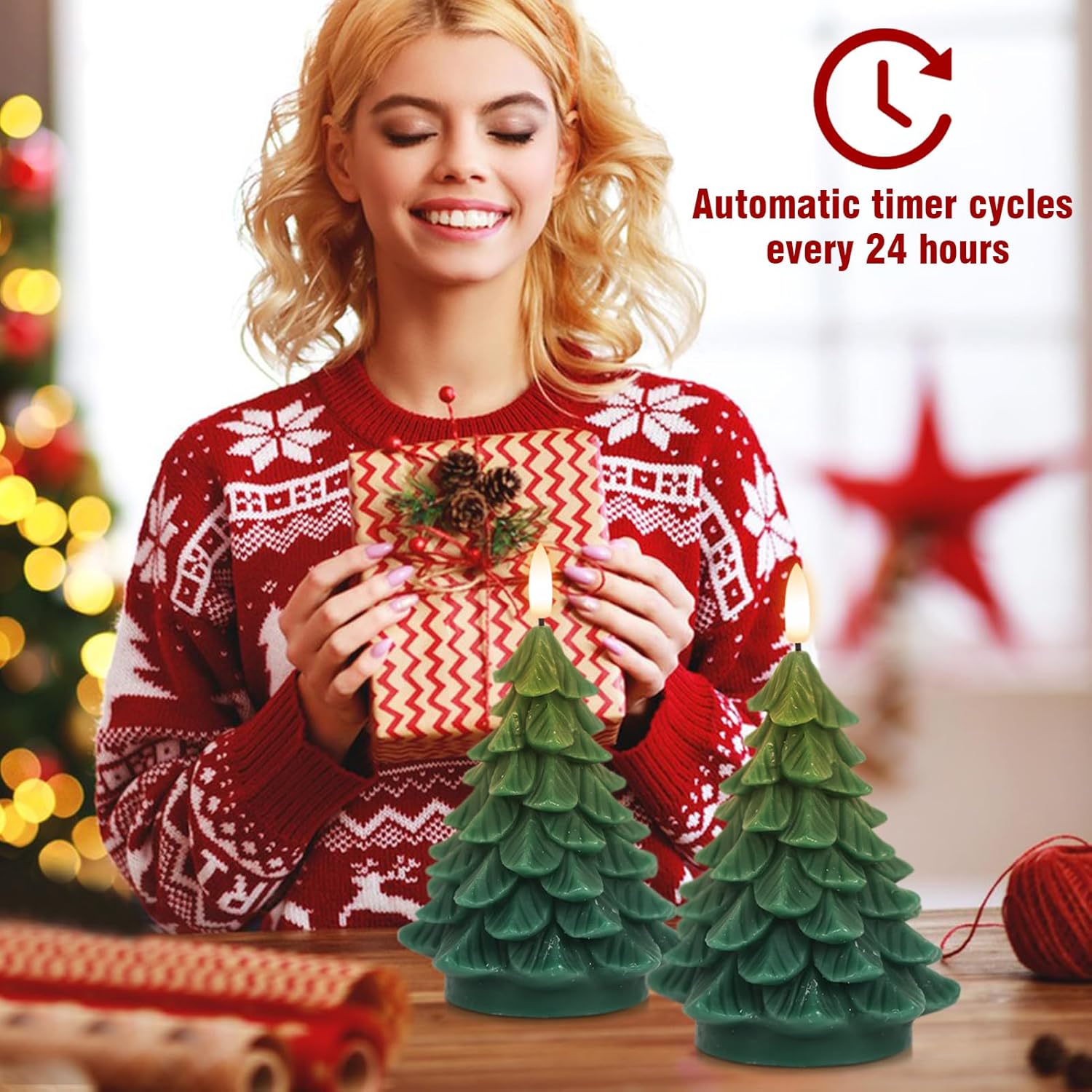 Christmas Tree Shaped Led Candles With 6H Timer, 2 Pcs Flameless Pillar Candles Flickering, Battery Operated Led Candle With 3D Flame Wick, Green Candles For Home Décor Christmas Gifts