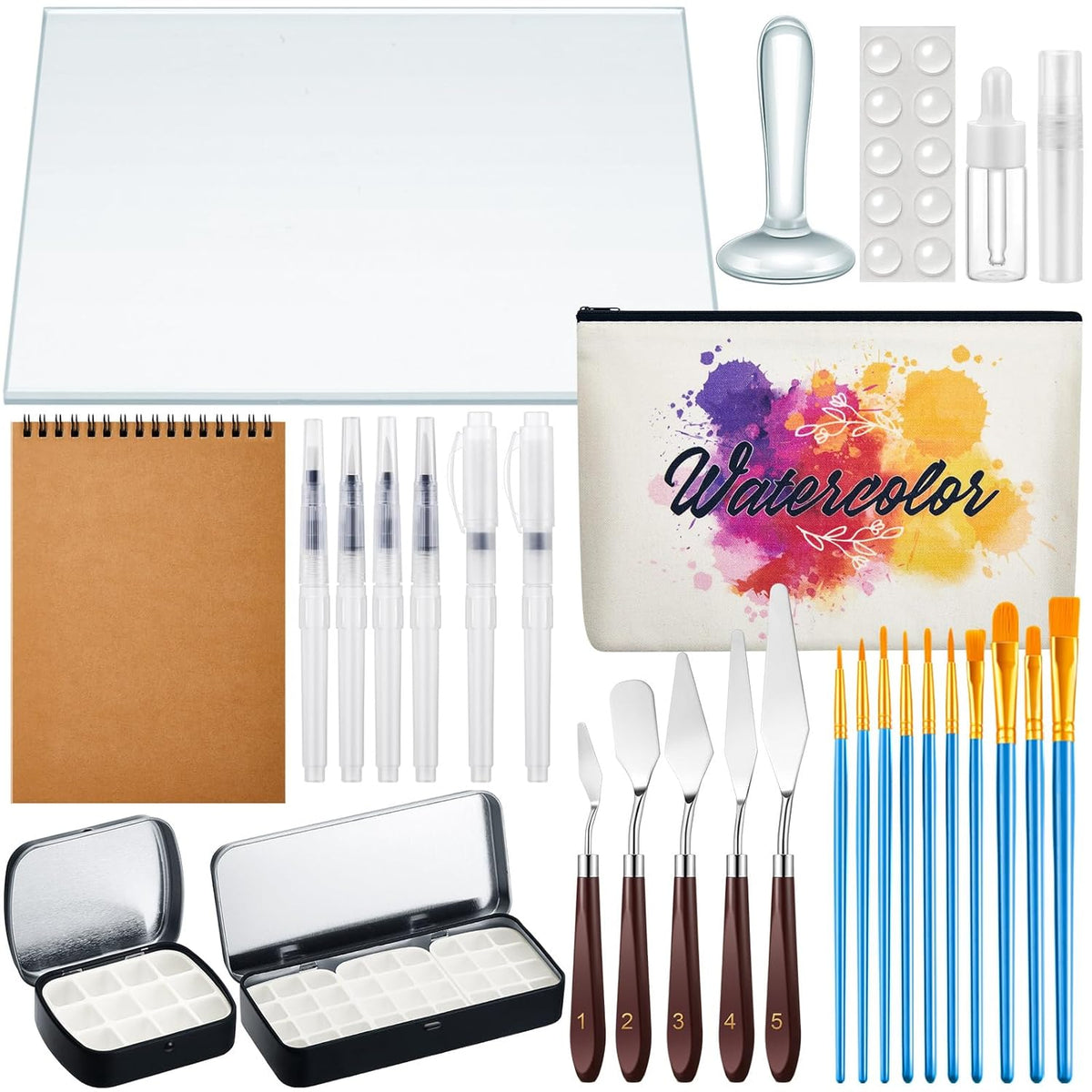 30 Pcs Watercolor Paint Muller Making Tools Set With Glass Muller Paint Watercolor Slab Painting Knives Painting Brushes Palette Tin Cases For Diy Art Oil Acrylic Kit