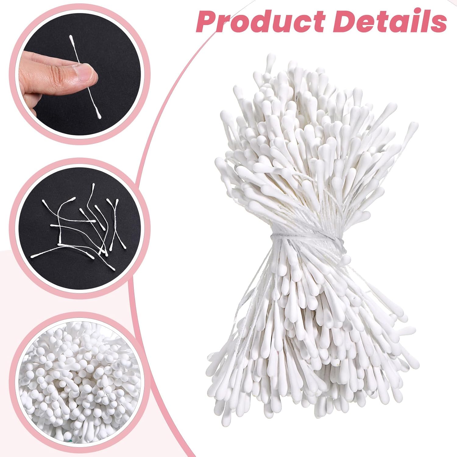 2000Pcs Artificial Floral Pollens Stamen Mini Double Heads Flower Stamen Handmade Diy Artificial Cards Pistilos Para Flores Artificiales For Wedding Christmas Flower Making Scrapbook Home Decor, White