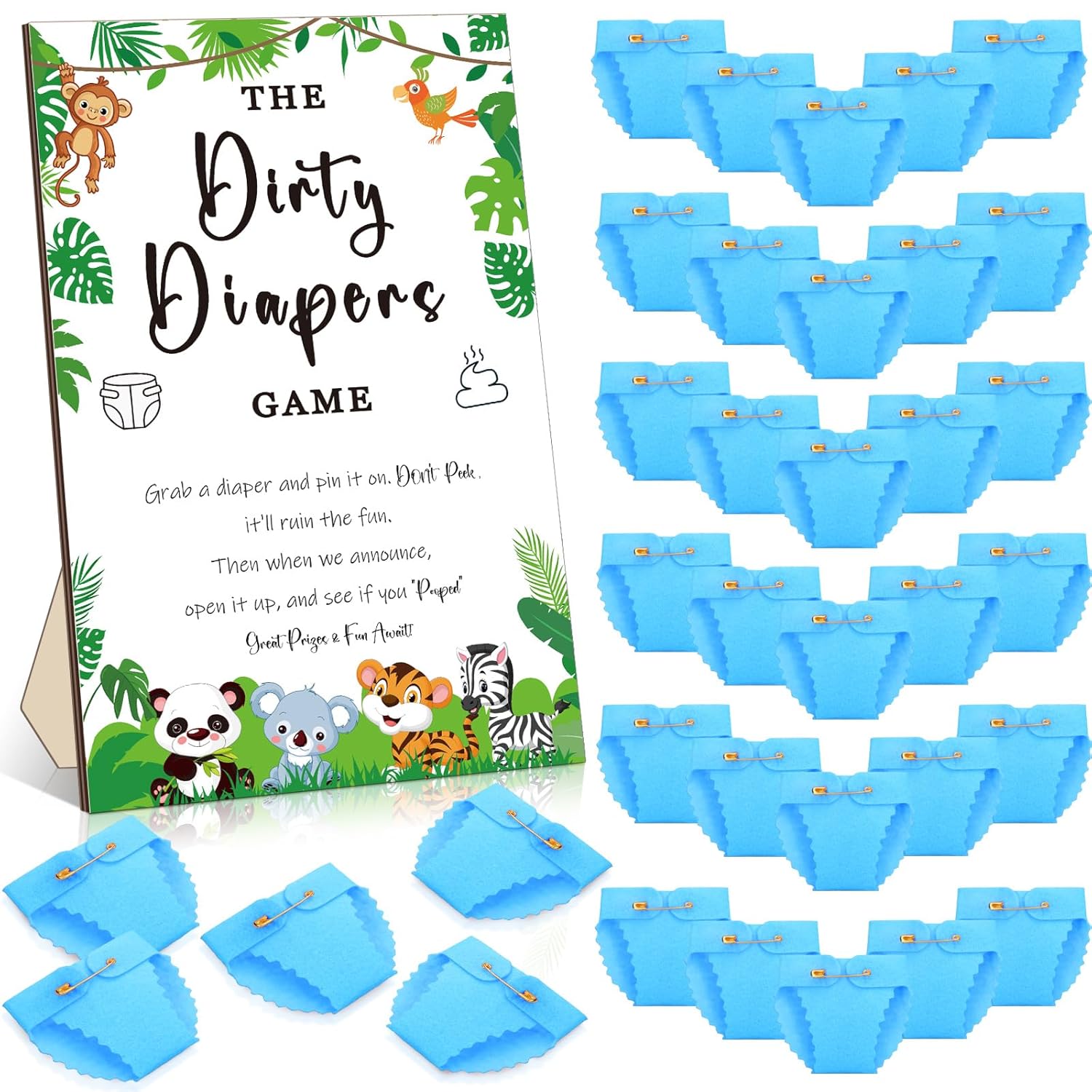 51 Pcs Dirty Diaper Wooden Game Sign Baby Shower Game Sign Dirty Diaper Instruction Sign 50 Pcs Mini Diapers Cute Felt Diaper For Game Gender Neutral Party Baby Shower Game (Animal)