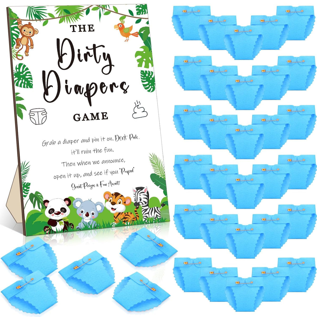 51 Pcs Dirty Diaper Wooden Game Sign Baby Shower Game Sign Dirty Diaper Instruction Sign 50 Pcs Mini Diapers Cute Felt Diaper For Game Gender Neutral Party Baby Shower Game (Animal)