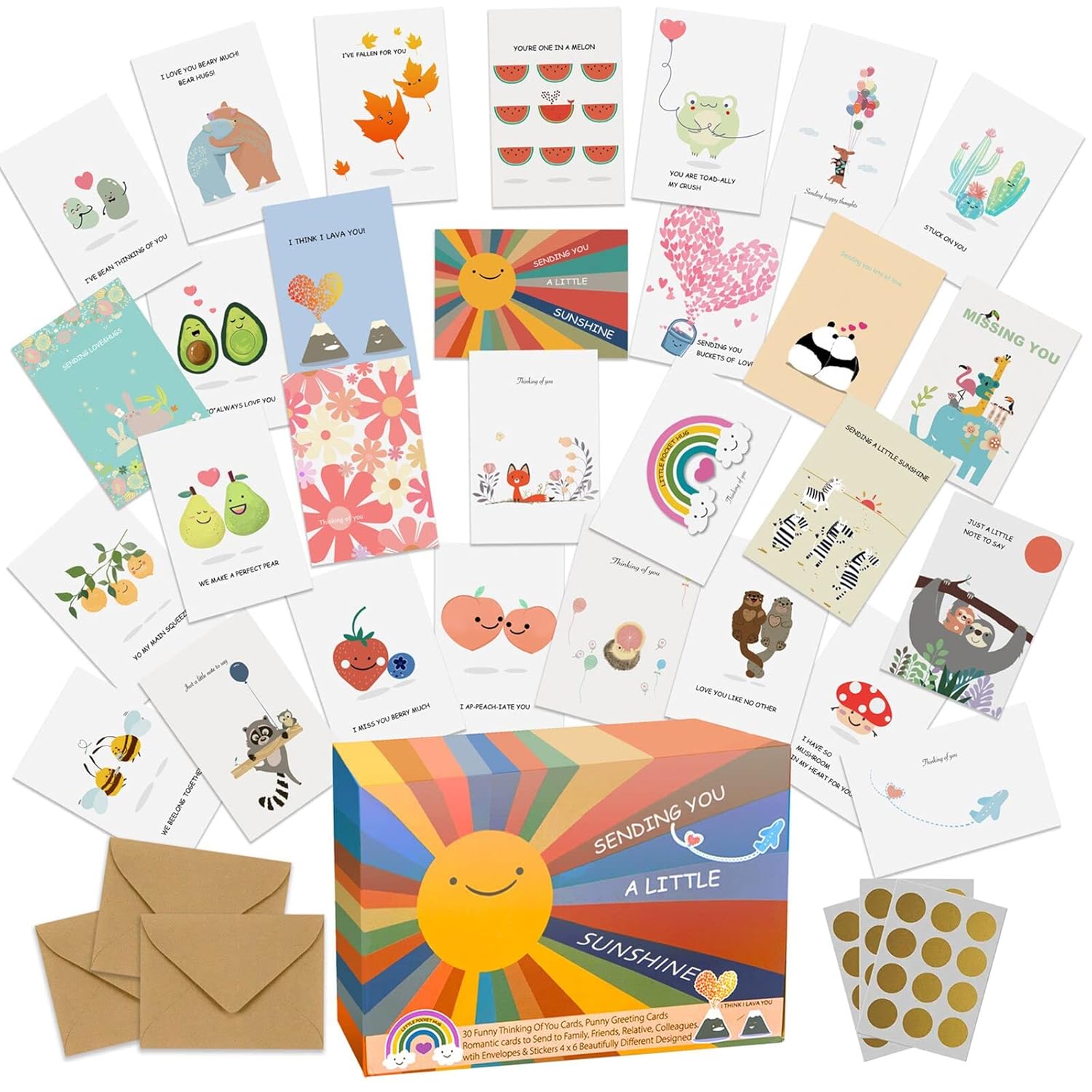 Thinking Of You Cards, 30 Punny Greeting Cards Thinking Of You Cards With Envelopes & Stickers, Friendship Cards Different Designed Romantic Cards To Send To Family, Friends, Relative, Colleagues