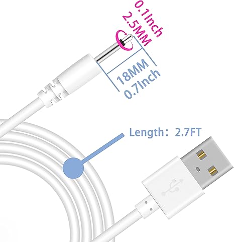 2 Pack 2.7FT USB to DC 2.5mm Charging Cable Replacement Power Cord