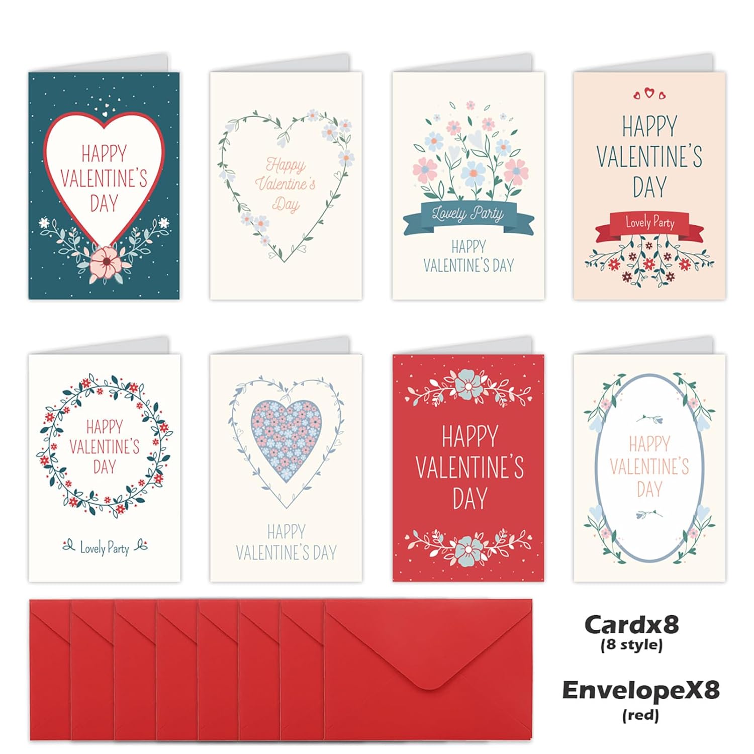 8Packs Valentines Day Cards Bulk Set With Red Envelopes, Romantic Floral & Heart Designs For Him,Husband,Wife,Kids Classroom,Friends, Funny & Sweet Greeting Cards For All Gifting Occasions