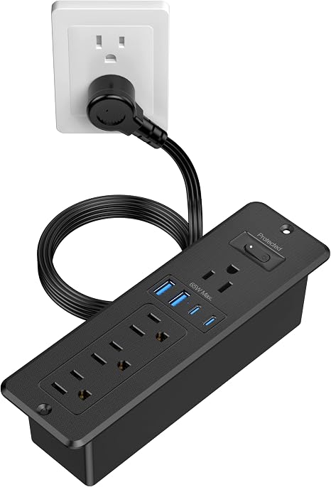 65W Recessed Power Strip 4 Outlets 2 USB C 2 USB A 6FT Cord Black