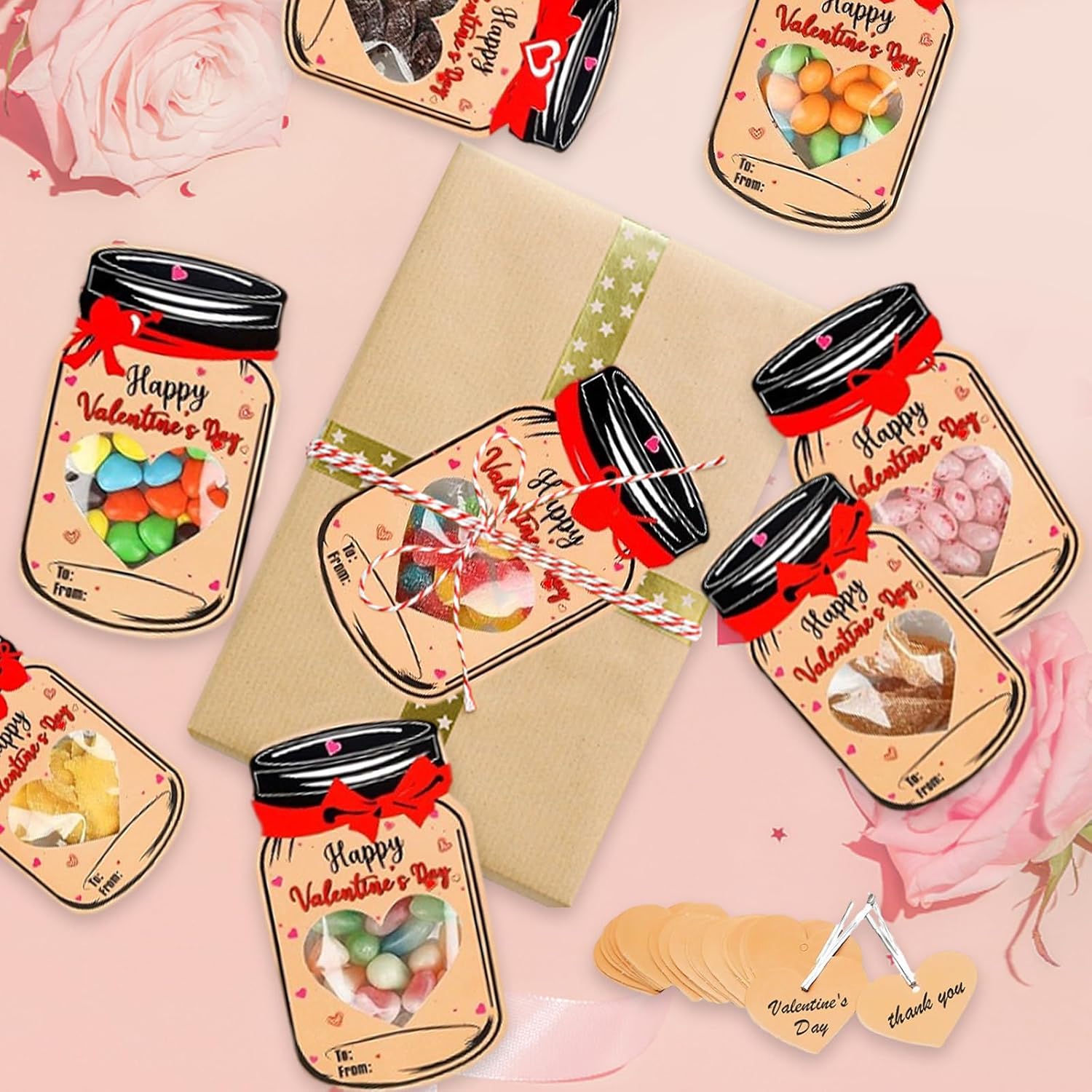 Valentines Day Cards For Kids - 50 Pack Mason Jar Valentine Gifts Cards - Funny Valentines Exchange Cards For School Class Classroom Party Favors (Candy Not Included)