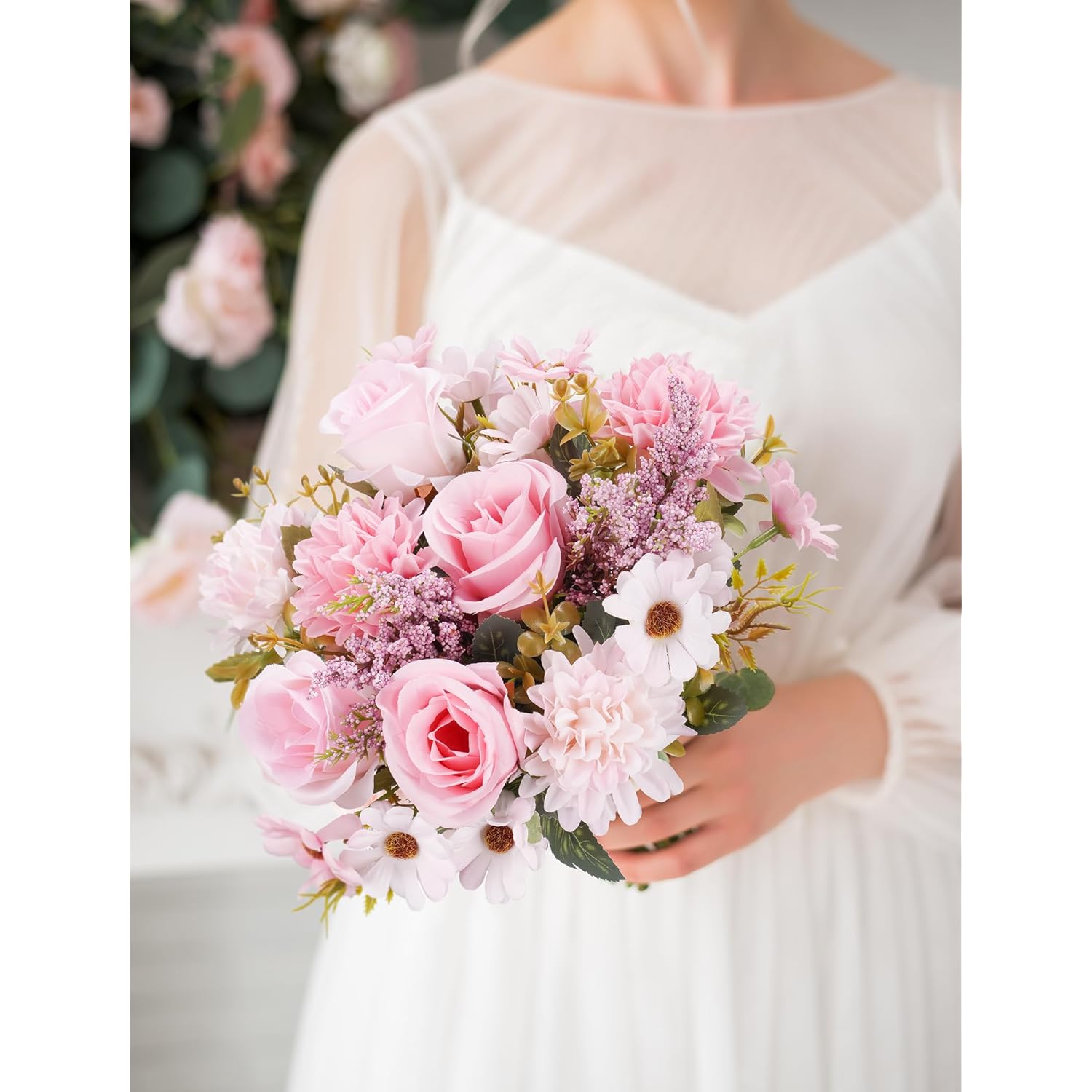 2 Bunches Pink Silk Artificial Flowers Bouquet For Home Décor, Roses, Chrysanthemums & Sunflowers Arrangement With Flexible Stems, Wedding Table Centerpieces