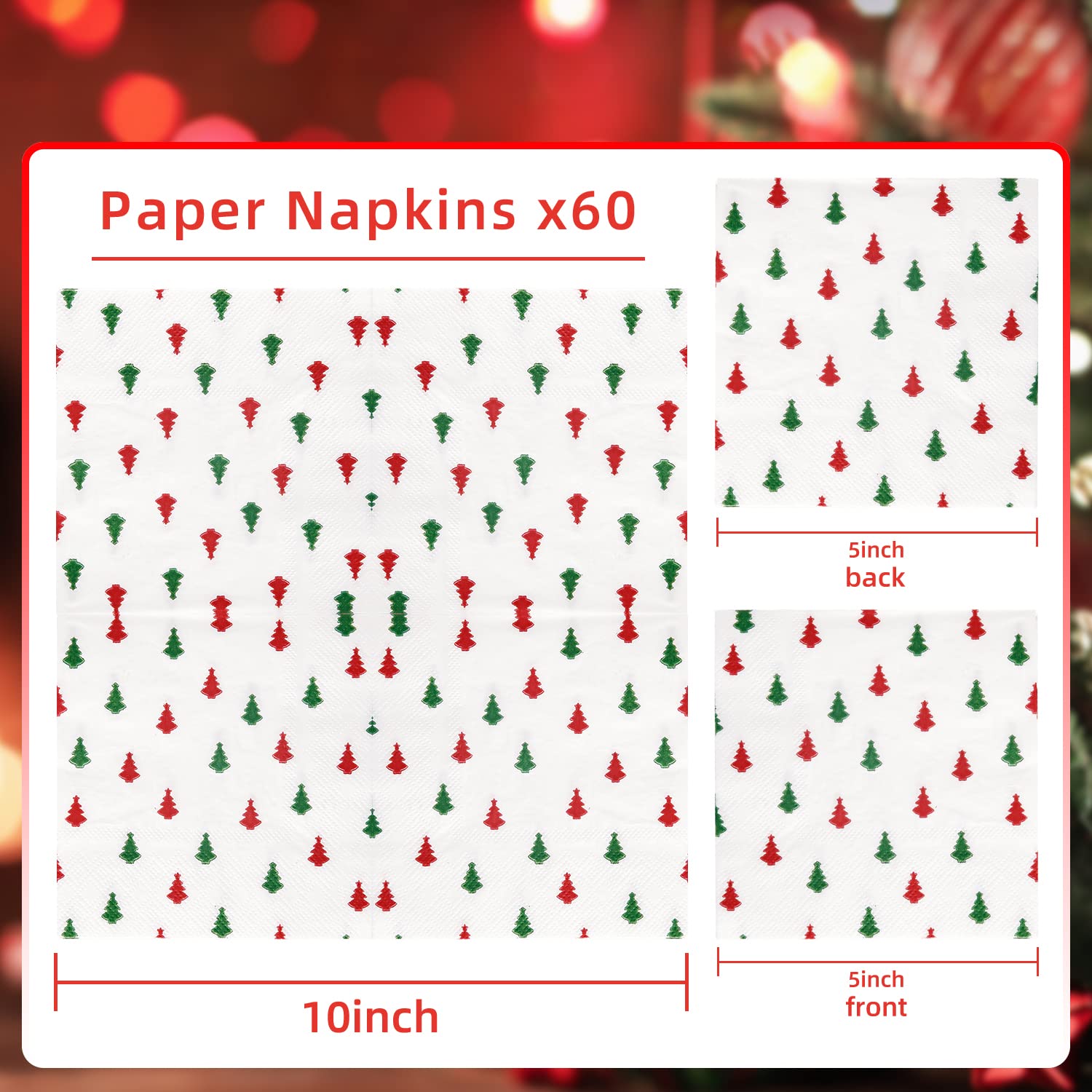 60 Pack Christmas Paper Napkins Christmas Tree Red Green 5 X 5 "Disposable White Beverage Napkins Decorative Table Napkin For New Year Winter Dinner Merry Christmas Holiday Xmas Party Supplies