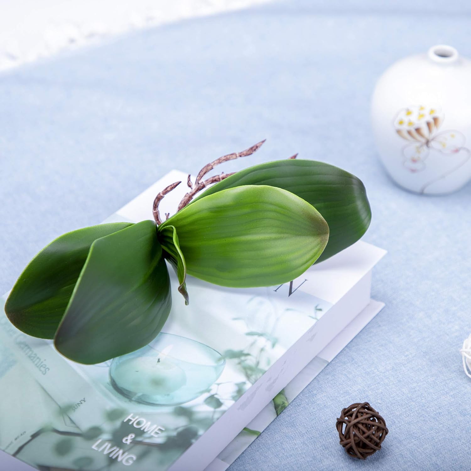 Orchid Leaves Artificial Phalaenopsis Stems Leaf Faux Cymbidium Flower Foliage Green Real Touch Latex Bulk 8 Inches 2Pcs