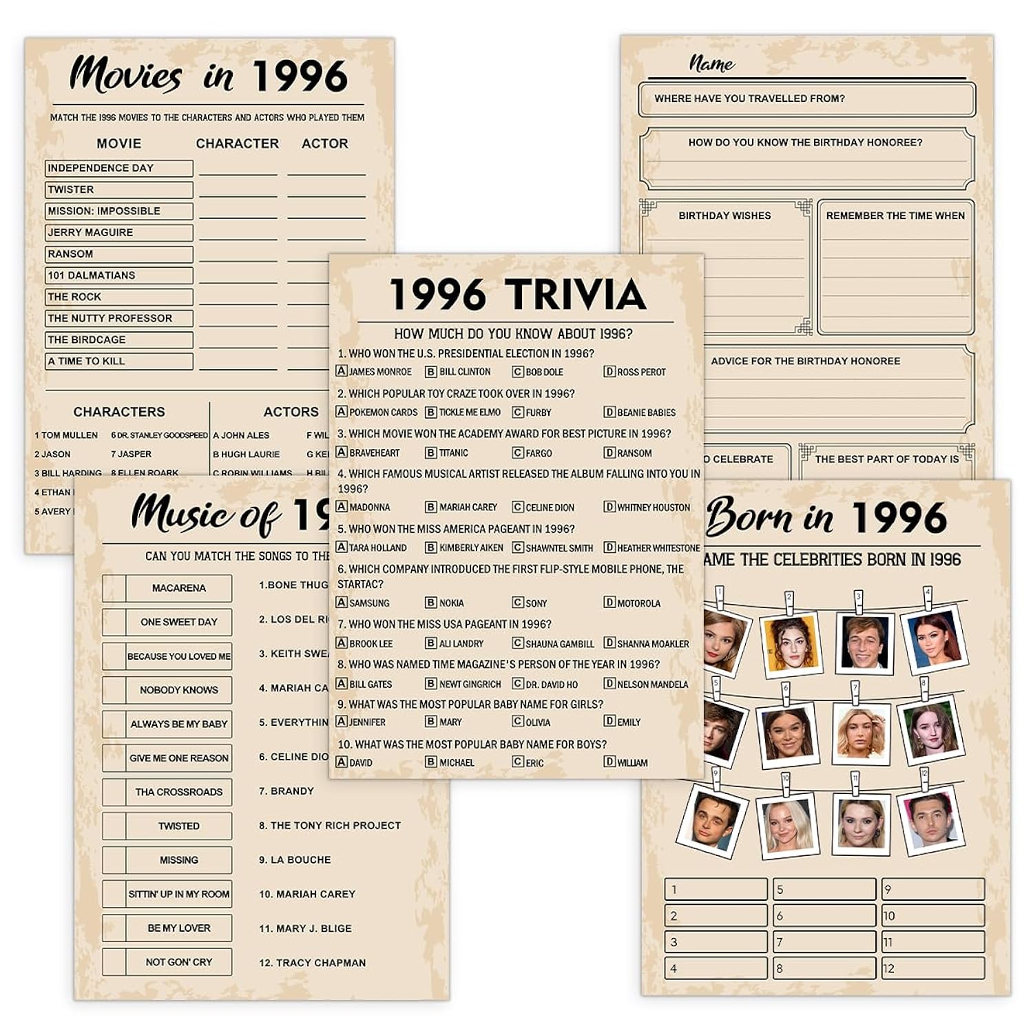 30Th Birthday Party Games, Born In 1996 Games Bundle, Set Of 5 Activities For 10 Guests, Birthday Party Supplies For Adults, Pack Of 50 Cards