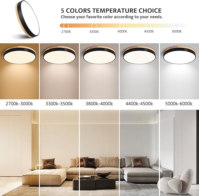 15.8 Inch Modern Wood LED Ceiling Light Black 5CCT Dimmable Flush Mount Fixture