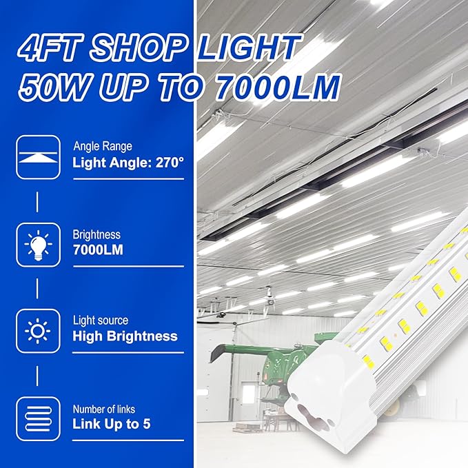 2 Pack 4FT LED Shop Lights 50W 7000LM 6500K V Shape Linkable Garage Warehouse Lights