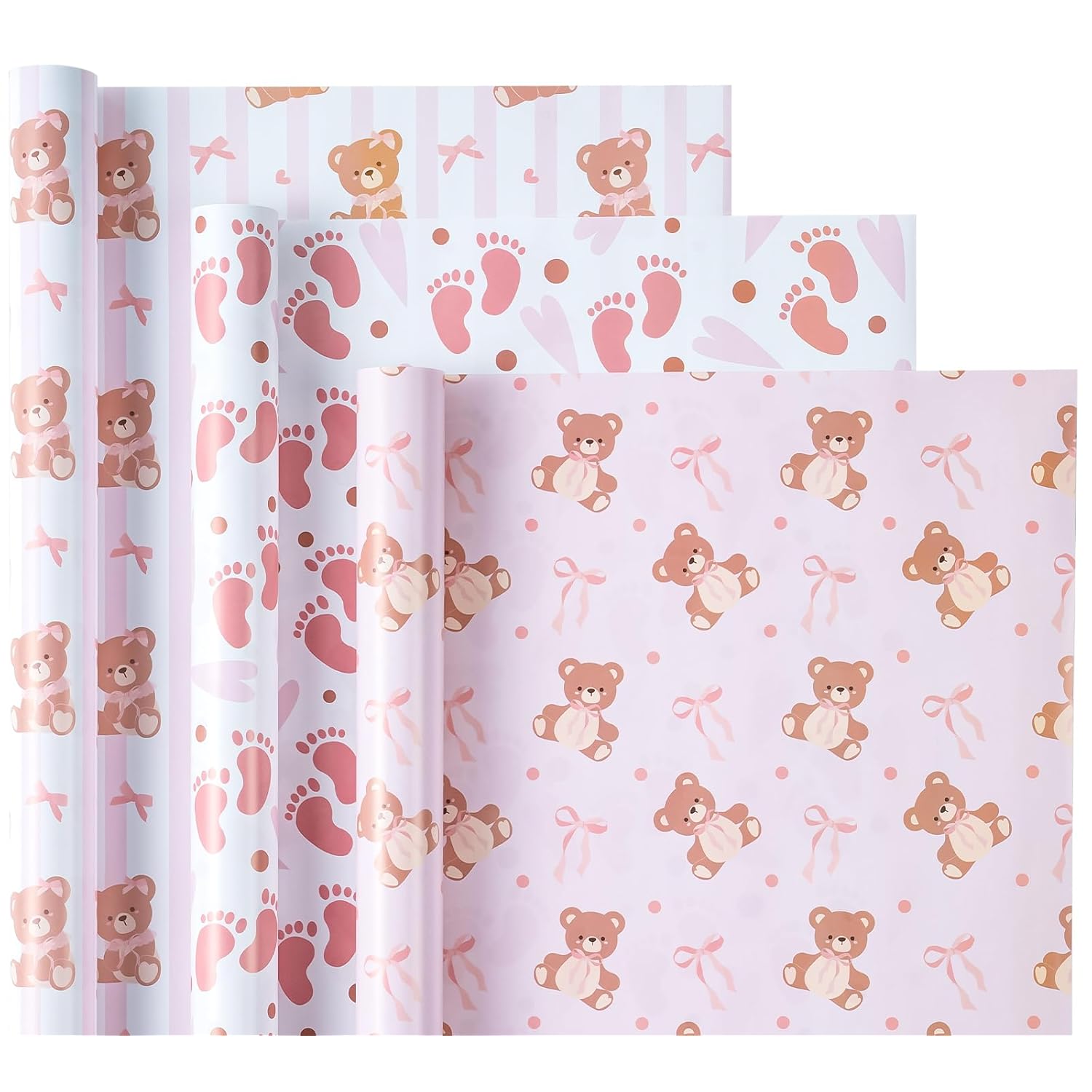 Bear Baby Shower Wrapping Paper - Mini Roll - 3 Rolls - 17 Inch X 120 Inch - Coquette Teddy Bear With Pink Ribbon Bow Wrapping Paper For Baby Shower, Girls Birthday